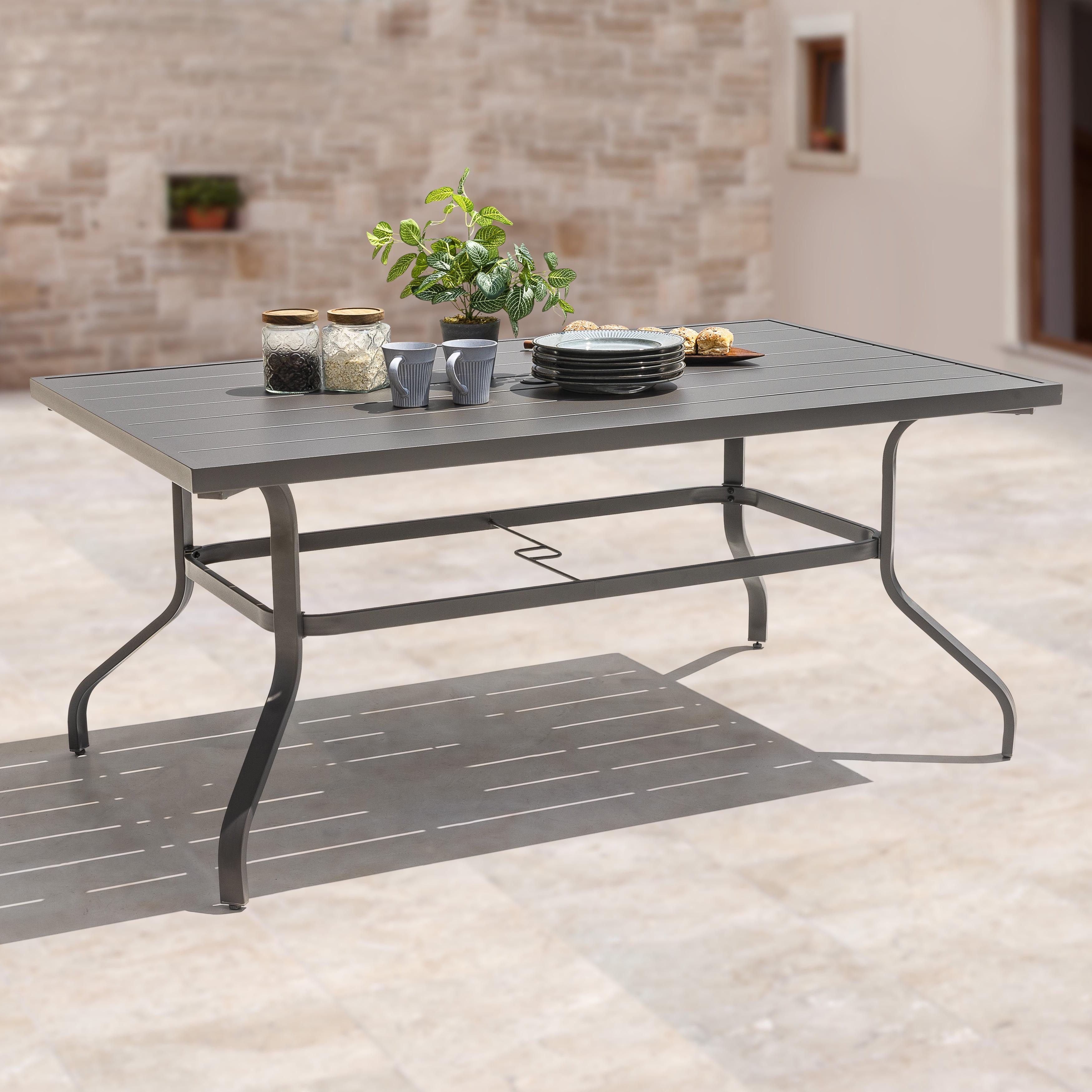 Nuu Garden 61'' Grey Iron Rectangular Patio Dining Table with Umbrella Hole