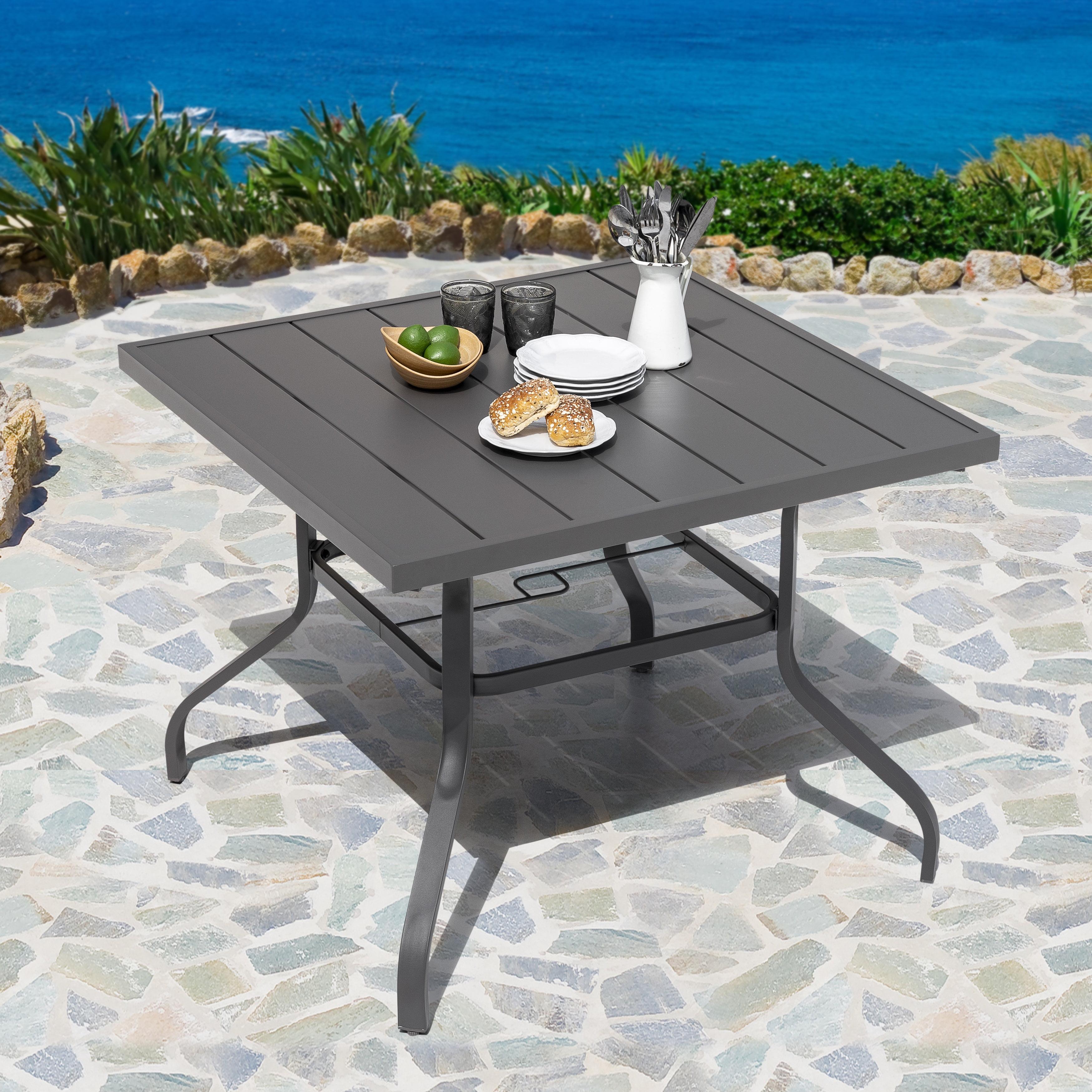 Nuu Garden Gray Iron Square Outdoor Dining Table with Umbrella Hole