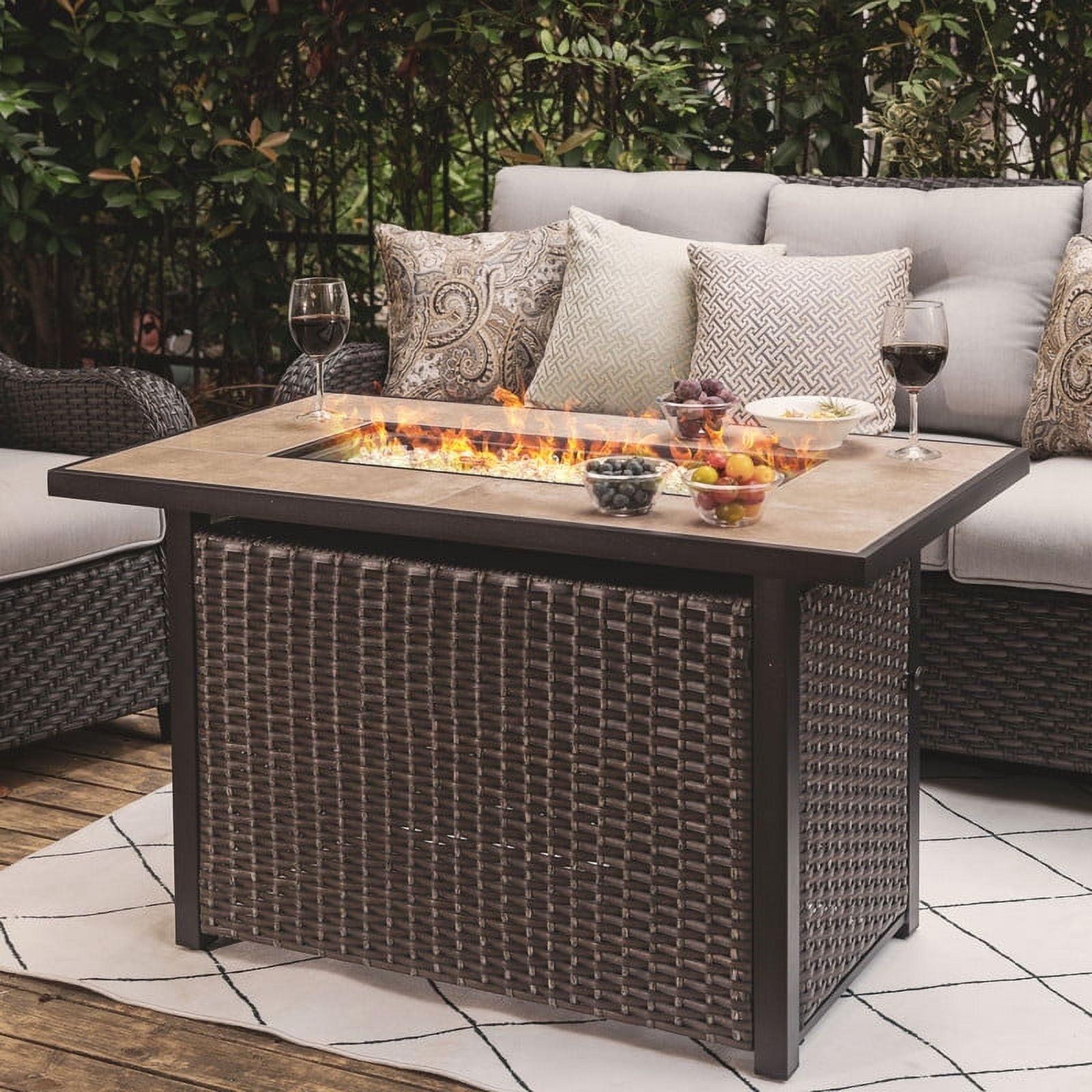 Nuu Garden 43’’ Outdoor Fire Pit Table 50,000 BTU Rattan Fire Pit with Lid and Glass Beads, Brown