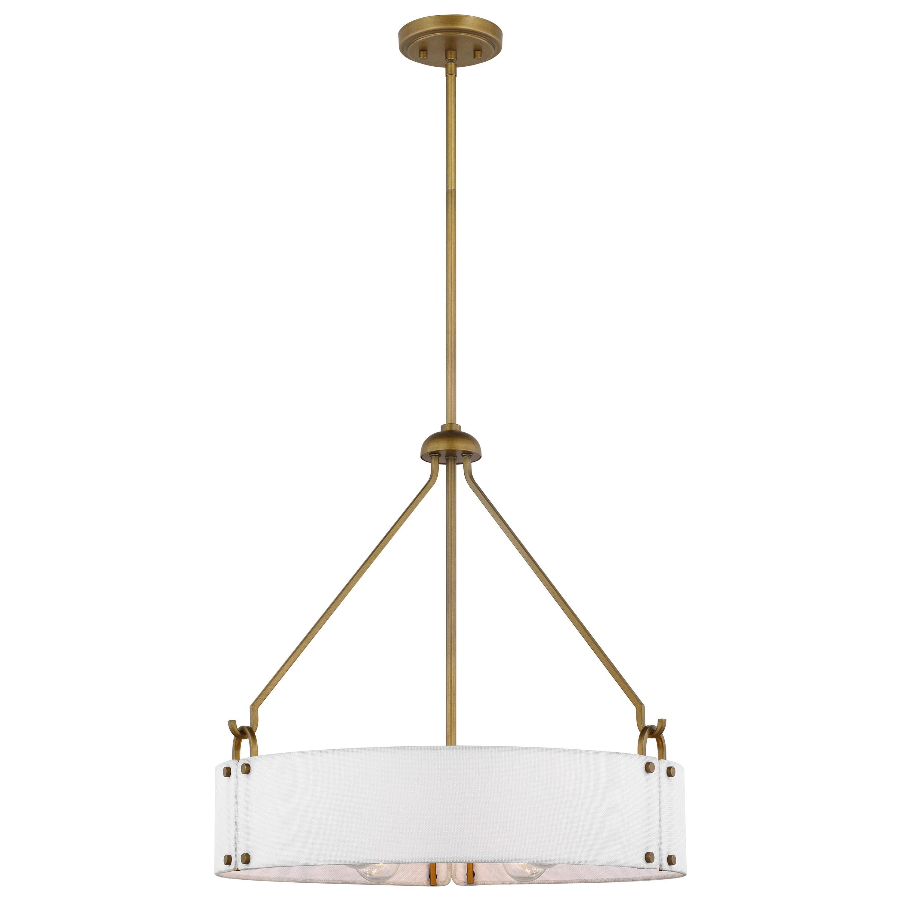 Transitional Natural Brass Drum Pendant Light with White Linen Shade