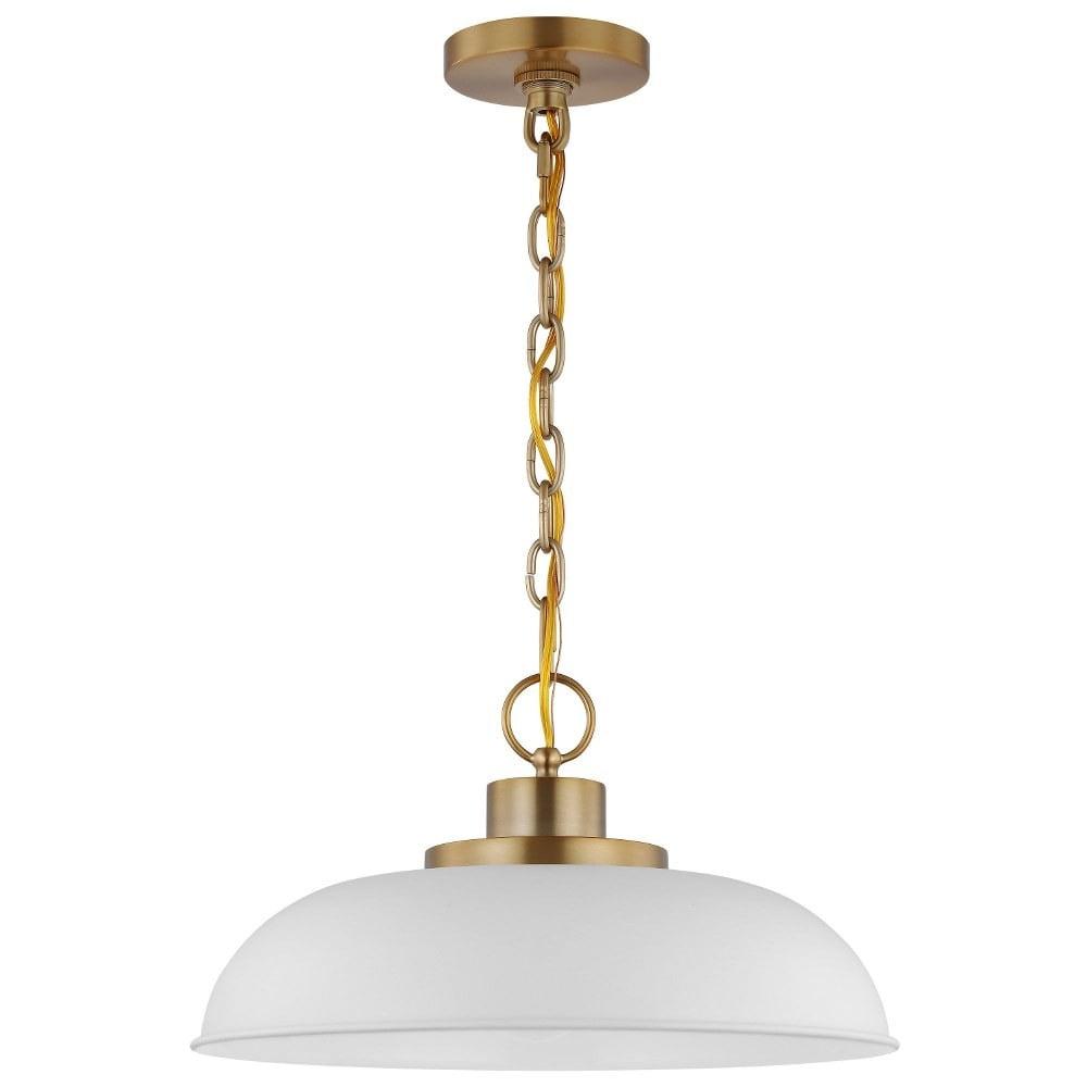 Matte White and Burnished Brass Modern Bowl Pendant Light