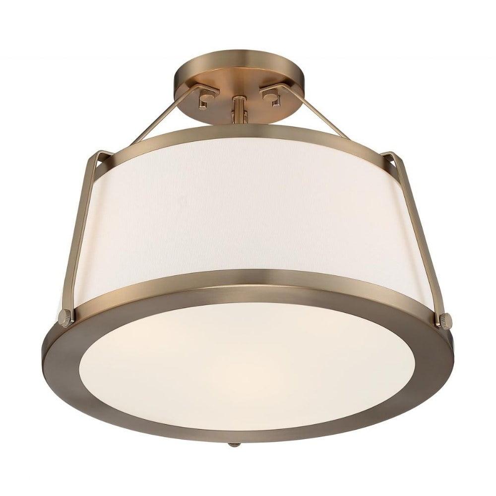 Cutty 3-Light Semi-Flush Mount in Burnished Brass with White Fabric Shade