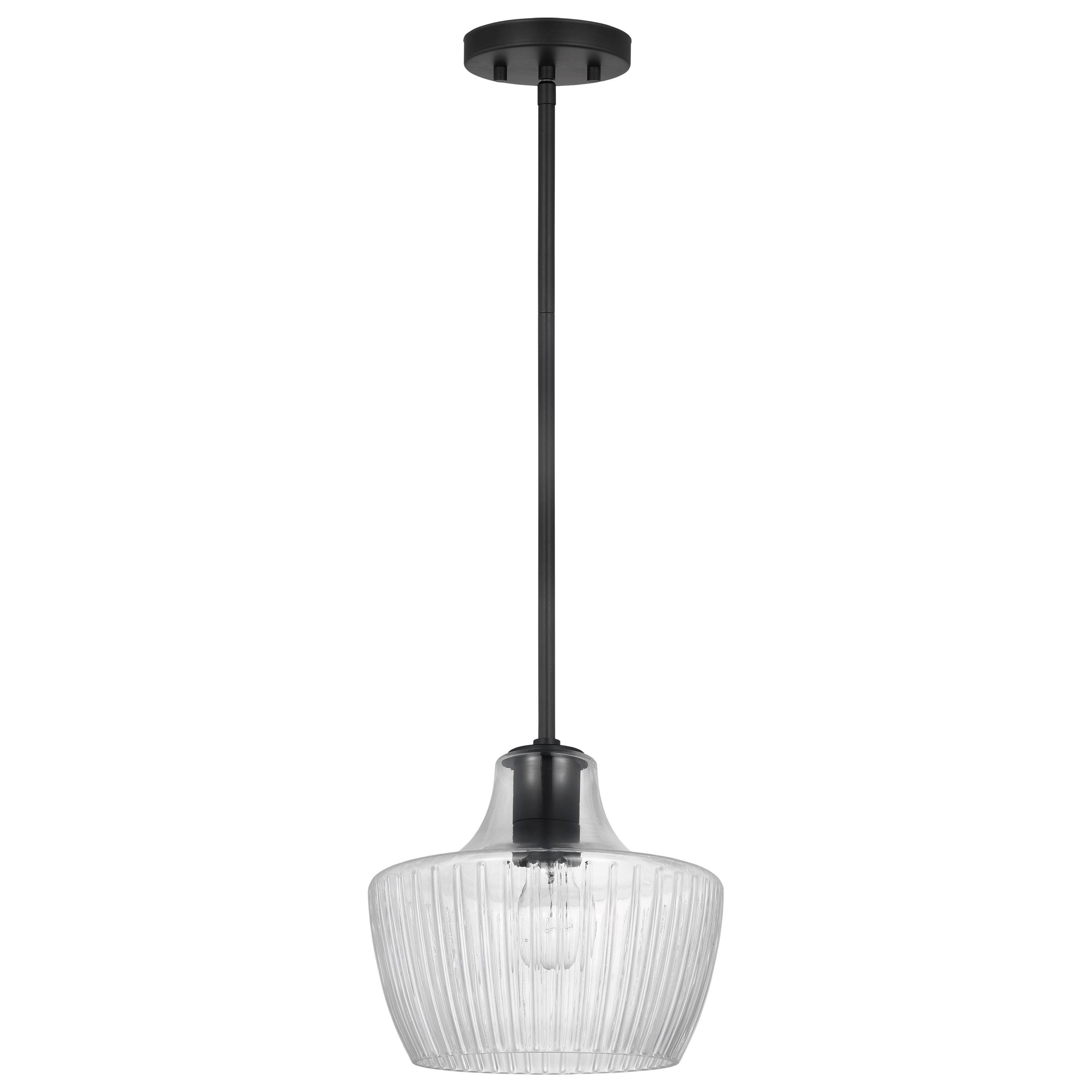 Destin Contemporary Mini Pendant Light with Ribbed Clear Glass and Black & Silver Accents