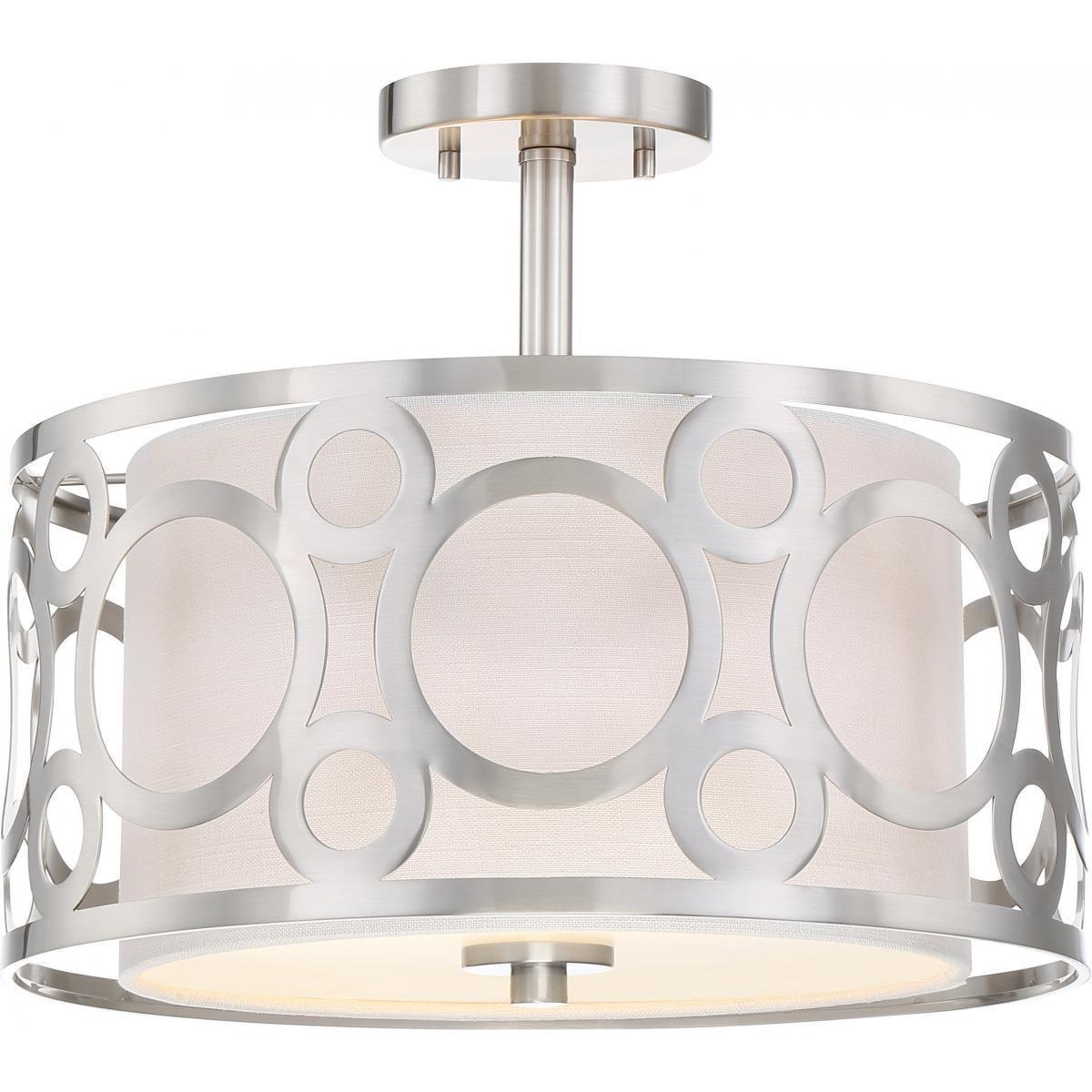 Brushed Nickel Semi-Flush Mount Light with White Fabric Shade