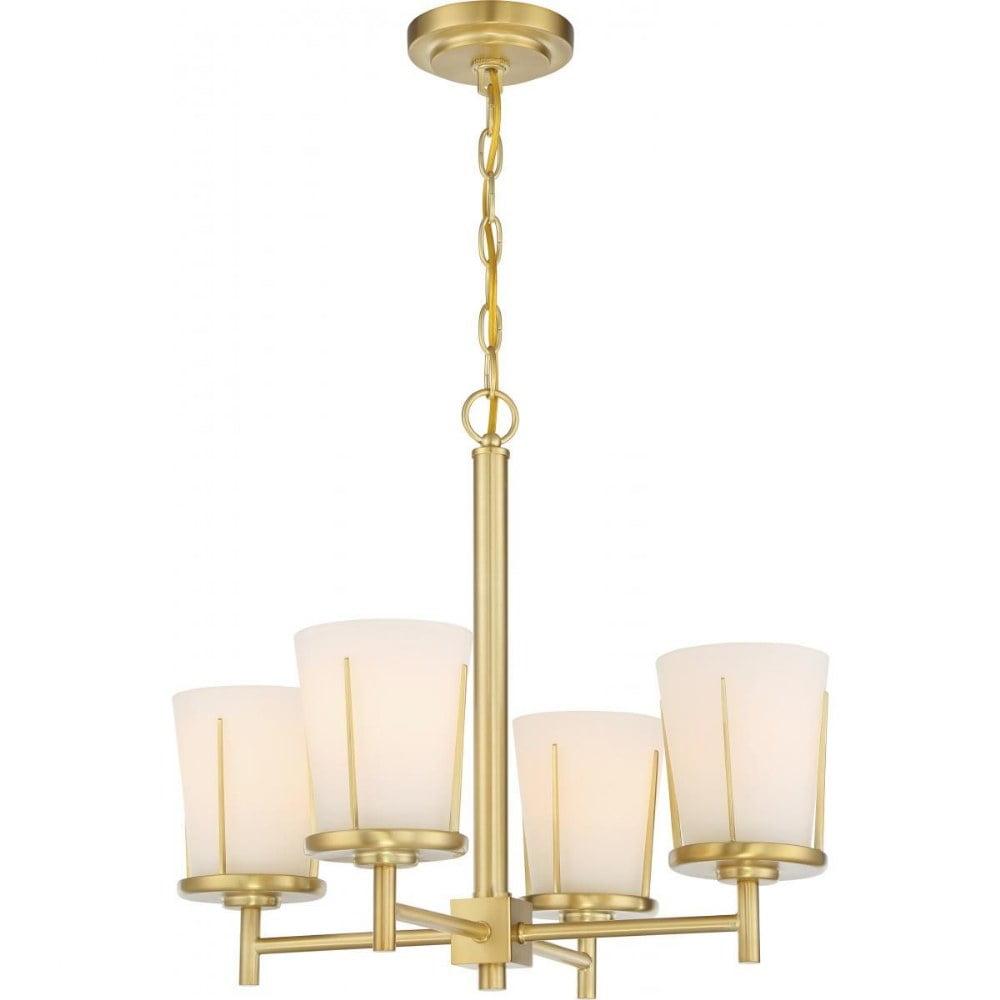 Natural Brass 4-Light Plug-In Chandelier with Satin White Glass