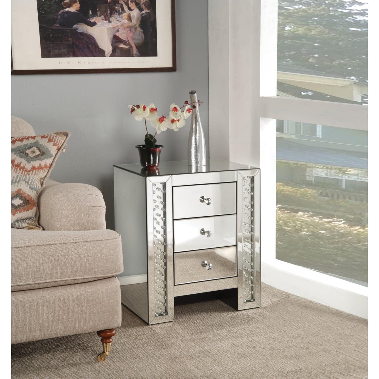 Round Mirrored Wood and Glass Accent Table with Storage