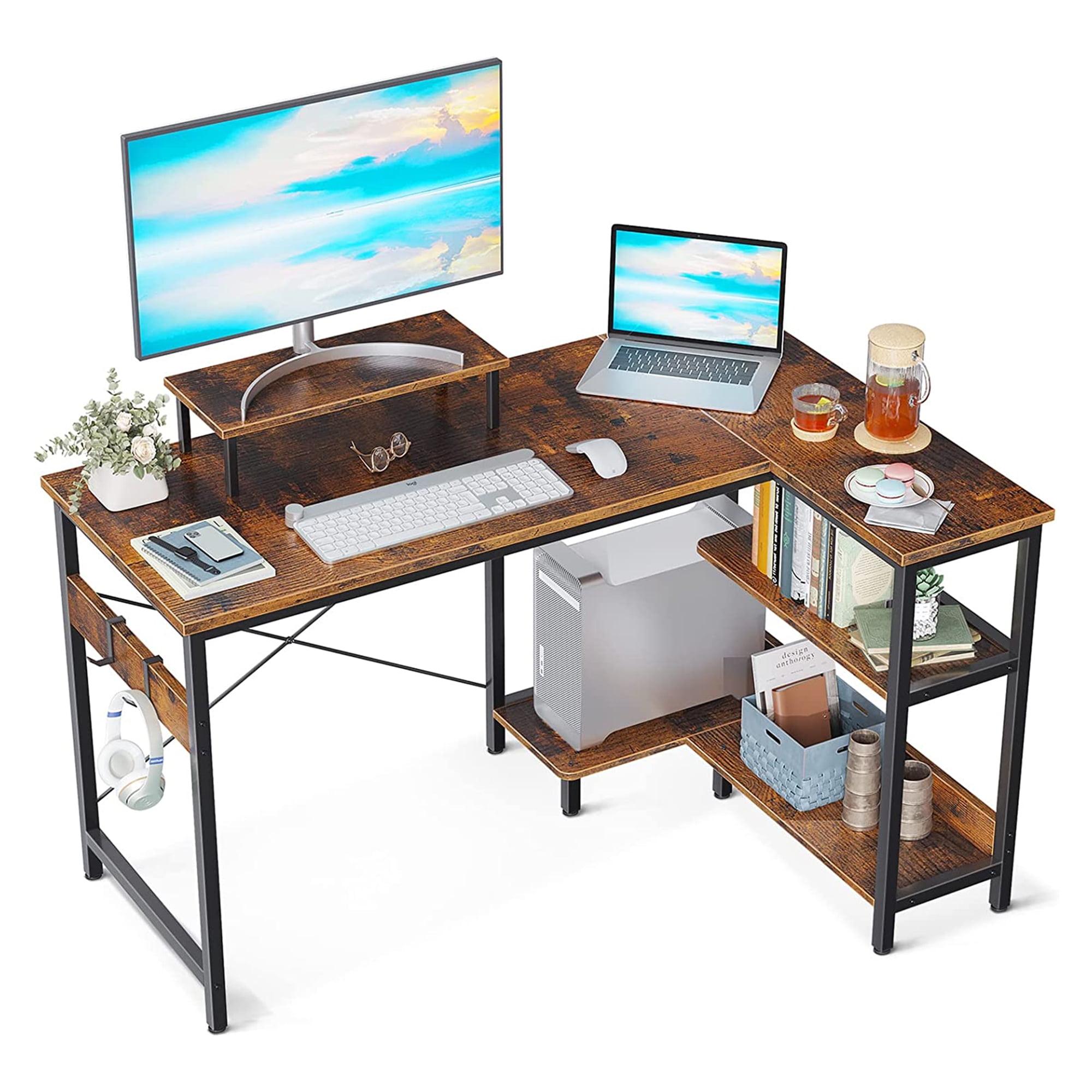 ODK 47 Inch Compact L Shaped Desk for Apartment, Living Room, Bedroom, or Office with Storage Shelves, Headphone Hook, and Monitor Stand