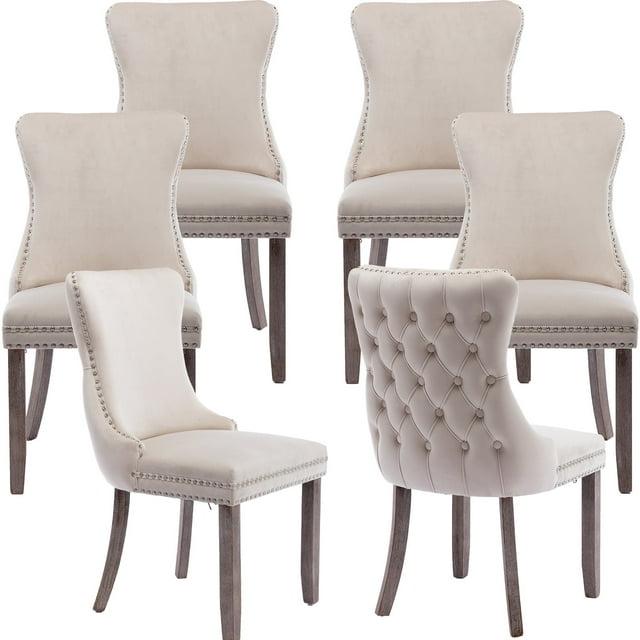 ODUSE-DAILY Beige Velvet Dining Chairs Set of 6, Kitchen & Dining Room Chairs, Sillas De Comedor, Nailheads Tufted, Fabric Upholstered, Solid Wood Frame (Beige, 6 Pcs)