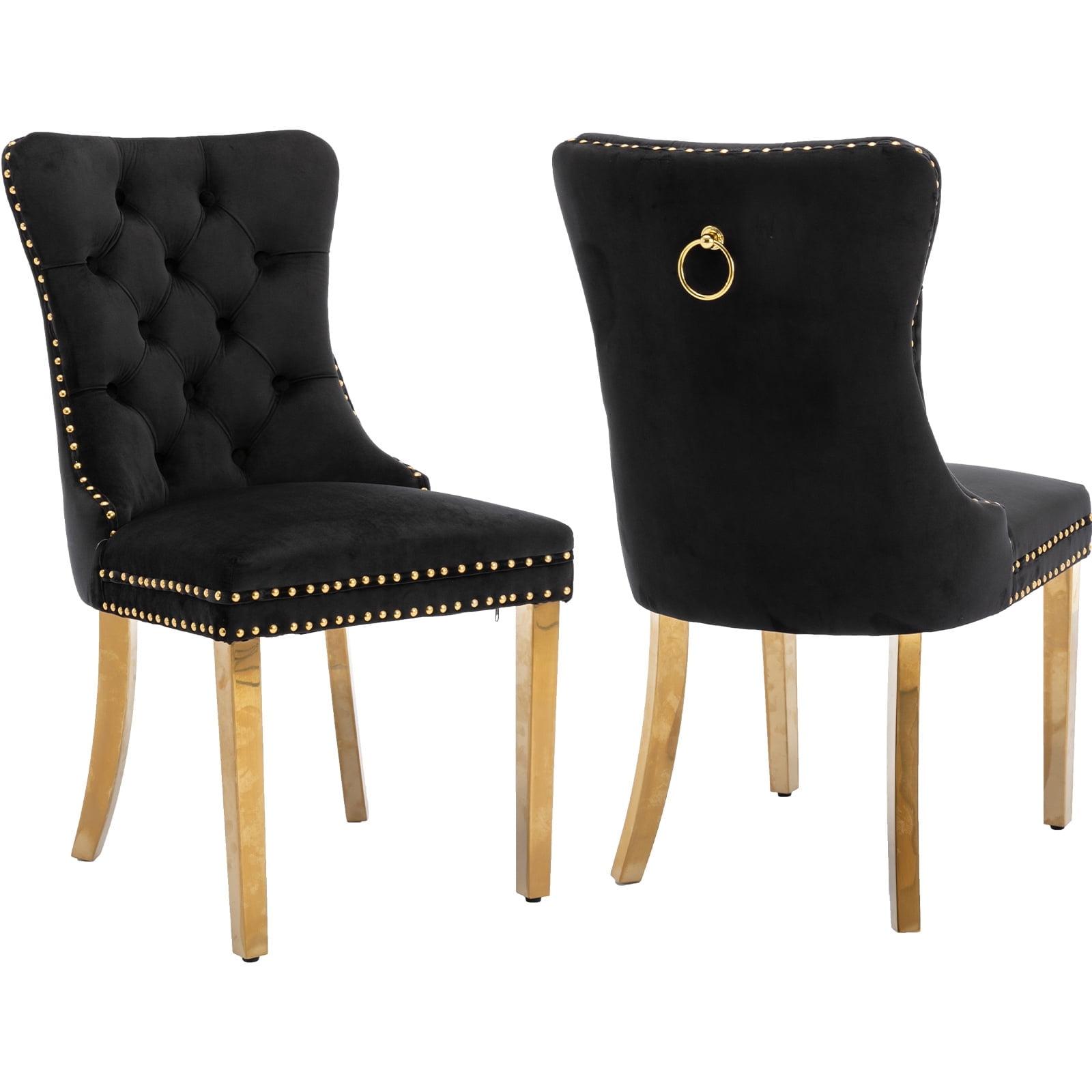 LegaHome Dining Chairs Set of 2, Modern Upholstered Velvet Dining Room Chairs with Nailhead Trim and Golden Stainless Steel Plating Solid Wood Legs, Tufted Button Padded Chairs Set for Kitchen, Black