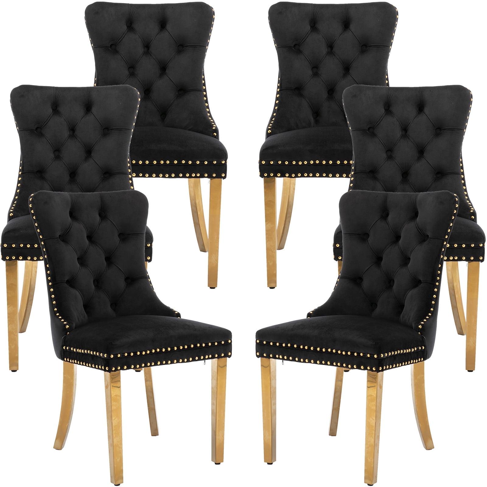 ODUSE-DAILY Black Velvet Dining Chairs Set of 6, Kitchen & Dining Room Chairs, Nailheads Tufted, Sillas De Comedor, Fabric Upholstered, Golden Metal Legs (Black, 6 Pcs)