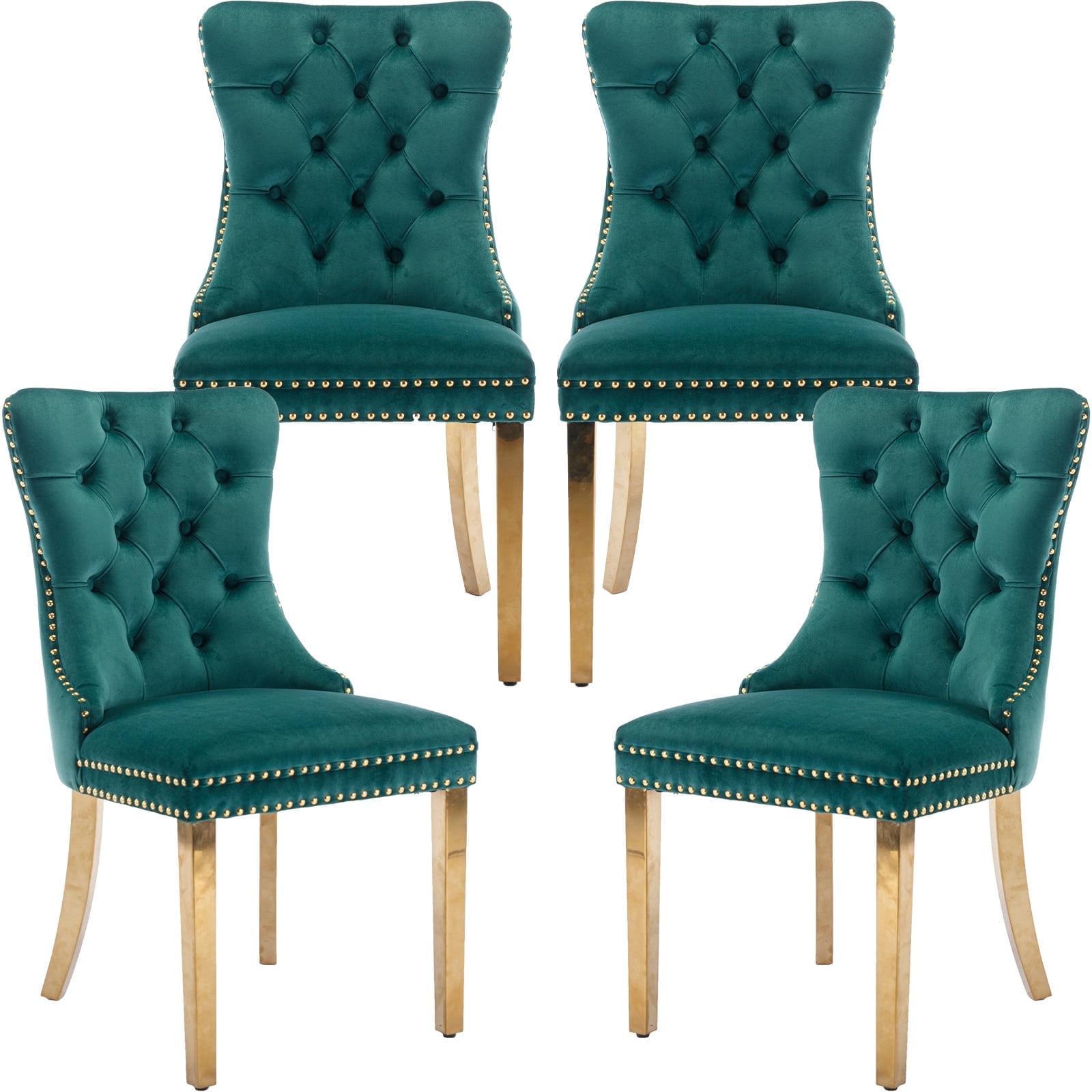 ODUSE-DAILY Green Velvet Dining Chairs Set of 4, Kitchen & Dining Room Chairs, Nailheads Tufted, Sillas De Comedor, Fabric Upholstered, Golden Metal Legs (Green, 4 Pcs)