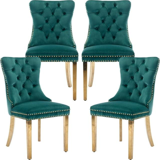ODUSE-DAILY Green Velvet Dining Chairs Set of 4, Kitchen & Dining Room Chairs, Nailheads Tufted, Sillas De Comedor, Fabric Upholstered, Golden Metal Legs (Green, 4 Pcs)