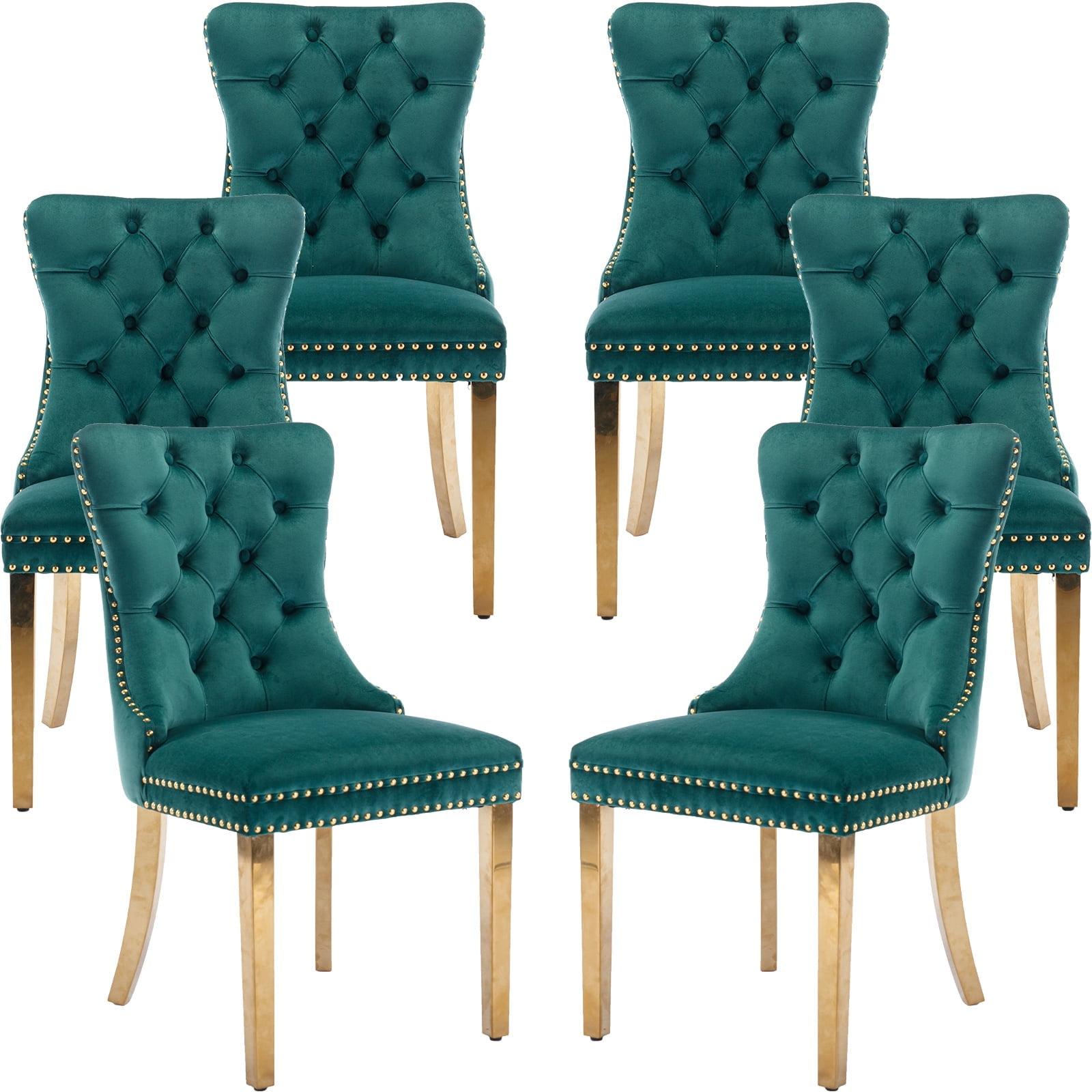 ODUSE-DAILY Green Velvet Dining Chairs Set of 6, Kitchen & Dining Room Chairs, Nailheads Tufted, Sillas De Comedor, Fabric Upholstered, Golden Metal Legs (Green, 6 Pcs)