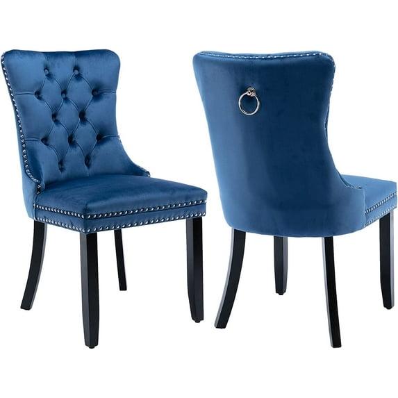 LegaHome Dining Chairs Set of 2, Velvet Upholstered Dining Chair with Nailhead Trim&Solid Wood Legs, Button Padded Dining Chairs Set for Kitchen Dining Room Living Room, Blue