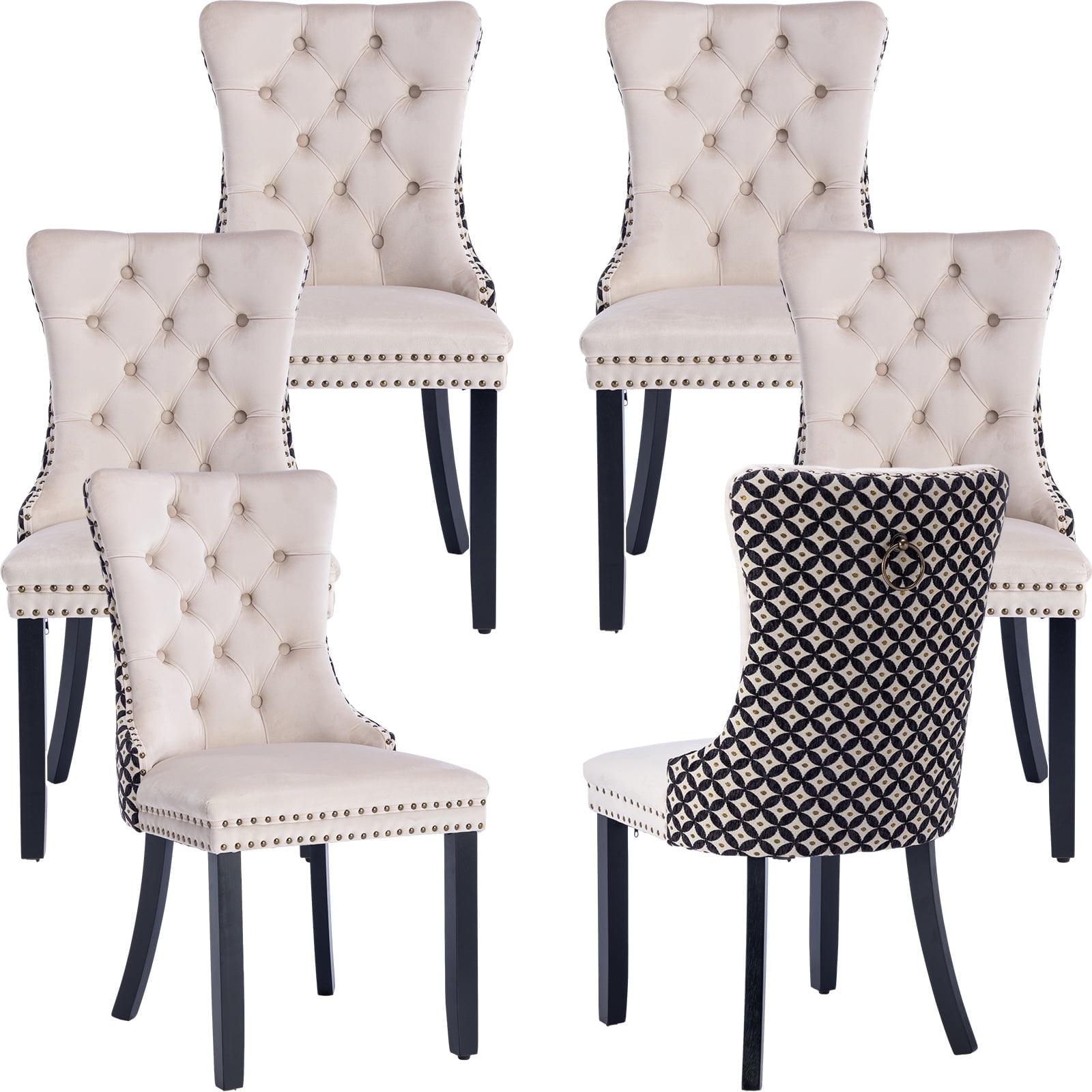 ODUSE-DAILY Velvet Dining Chairs Set of 6, Kitchen & Dining Room Chairs, Nailheads Tufted Chair, Sillas De Comedor, Two-Tone Fabric Upholstered, Wood Legs (Beige & Patterned, 6 Pcs)