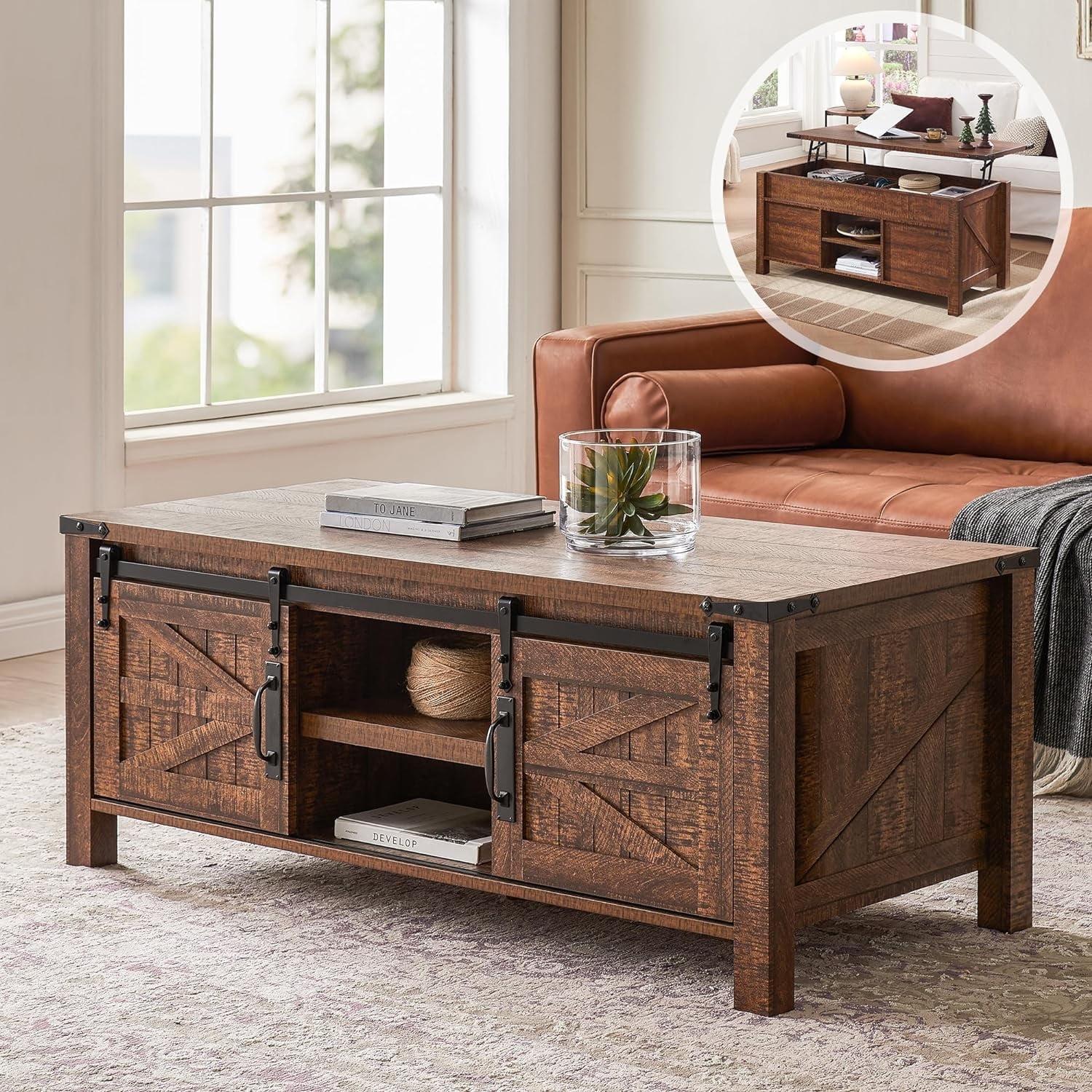 OKD Farmhouse Sturdy Coffee Table with Sliding Barn Doors and Storage Shelves for Living Room, Den, Family Room, or Office, Reclaimed Barnwood