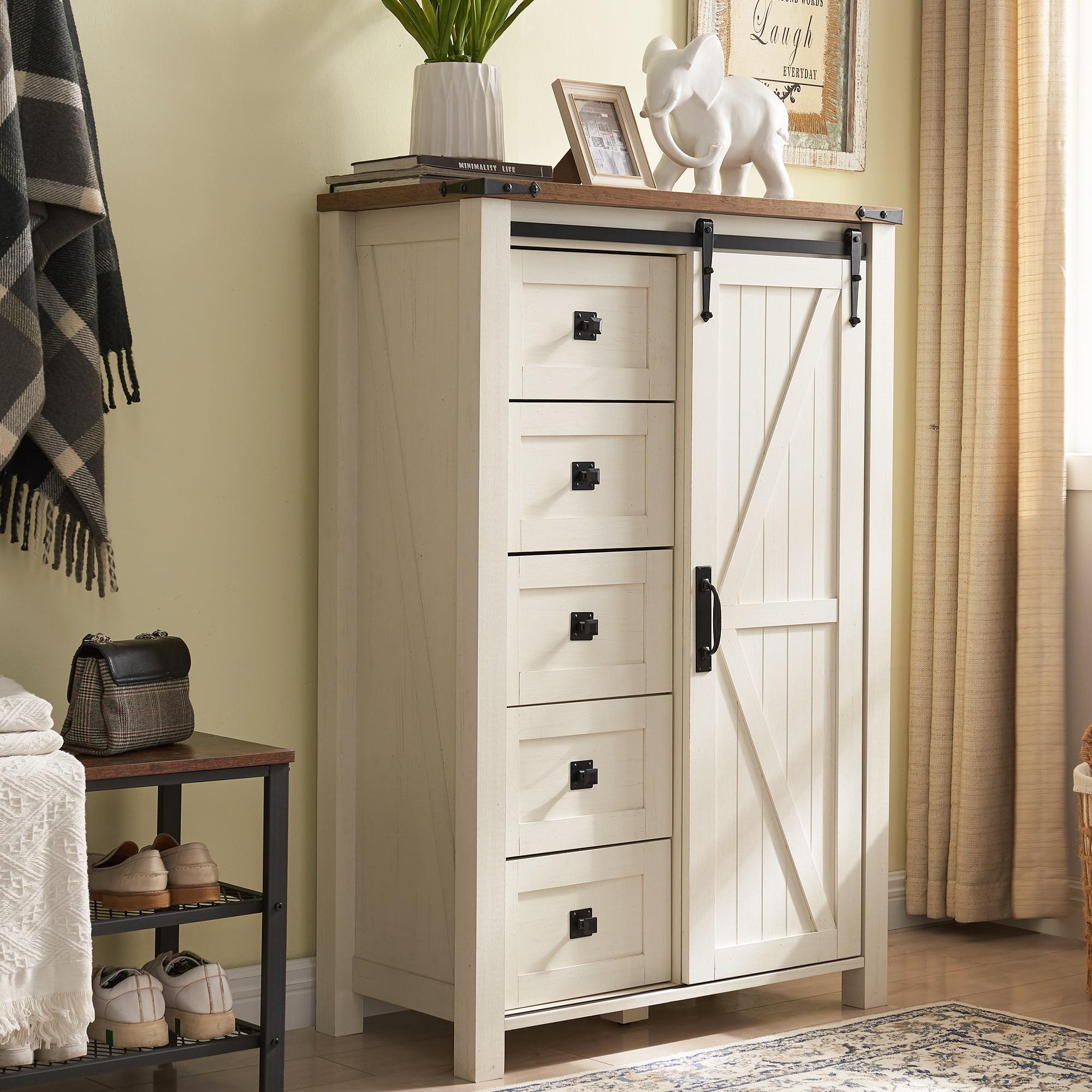 OKD 5 Drawer Dresser with Sliding Barn Door, Farmhouse Modern Storage Cabinet for Bedroom, Chest of Drawers Wood Organizer for Living Room, Antique White