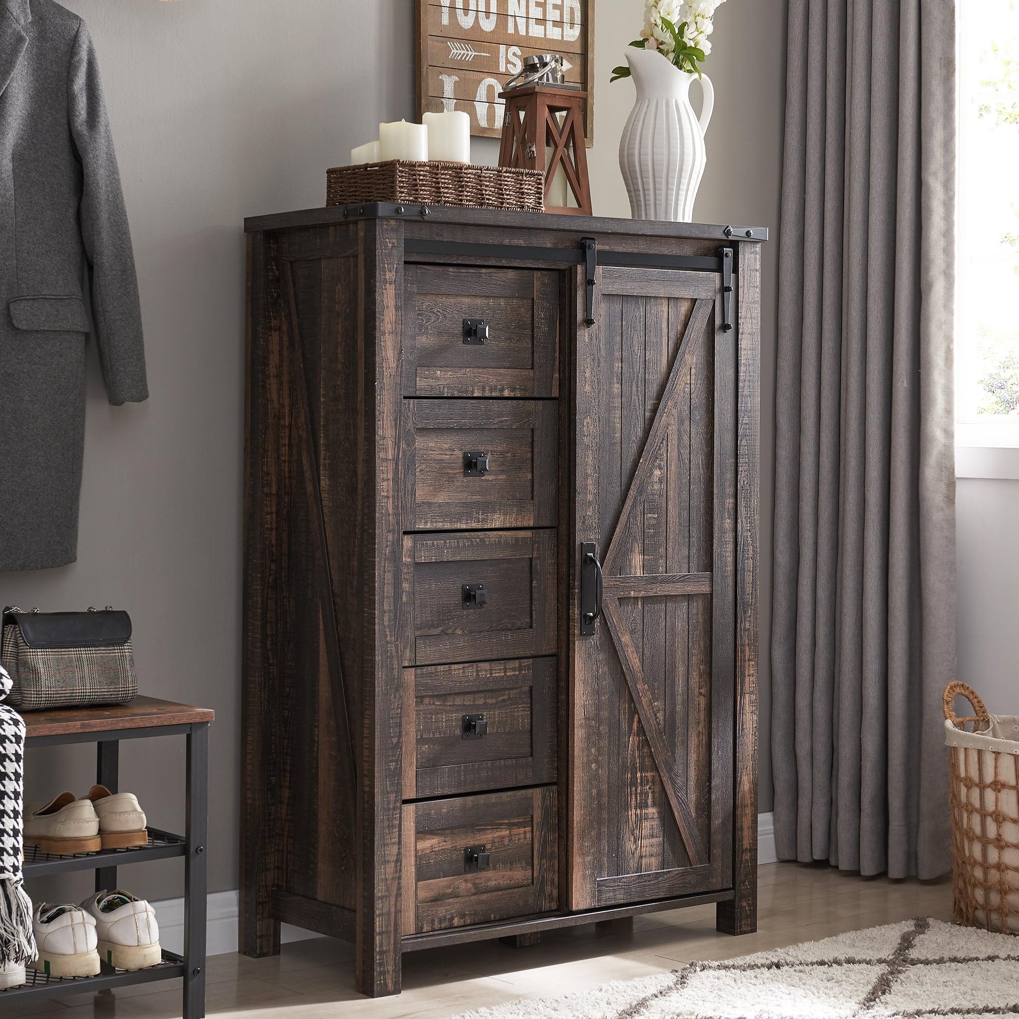 Farmhouse 5 Chest of Drawers, Tall Drawers Dresser with Sliding Barn Door