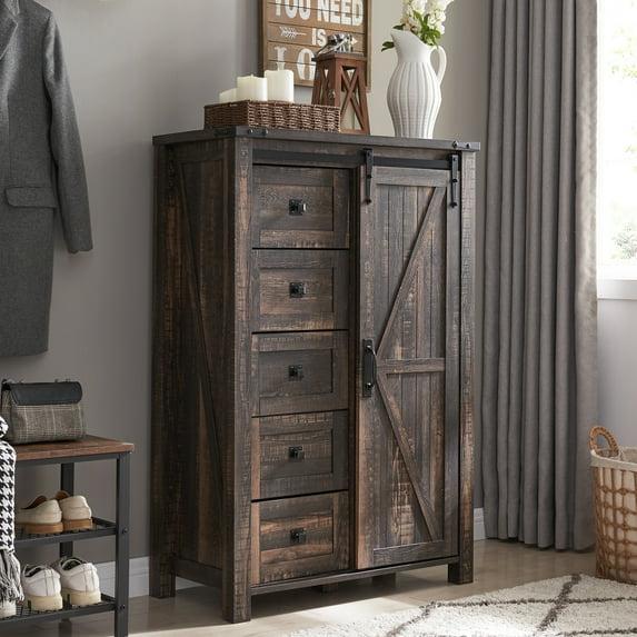 Farmhouse 5 Chest of Drawers, Tall Drawers Dresser with Sliding Barn Door