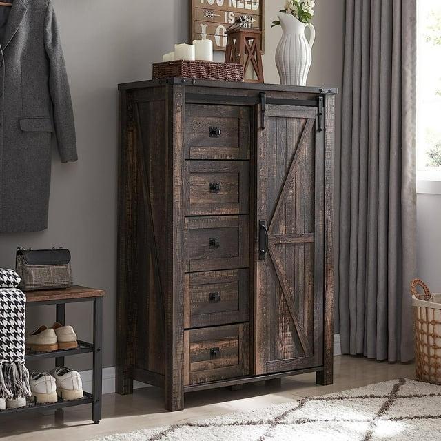 Farmhouse 5 Chest of Drawers, Tall Drawers Dresser with Sliding Barn Door