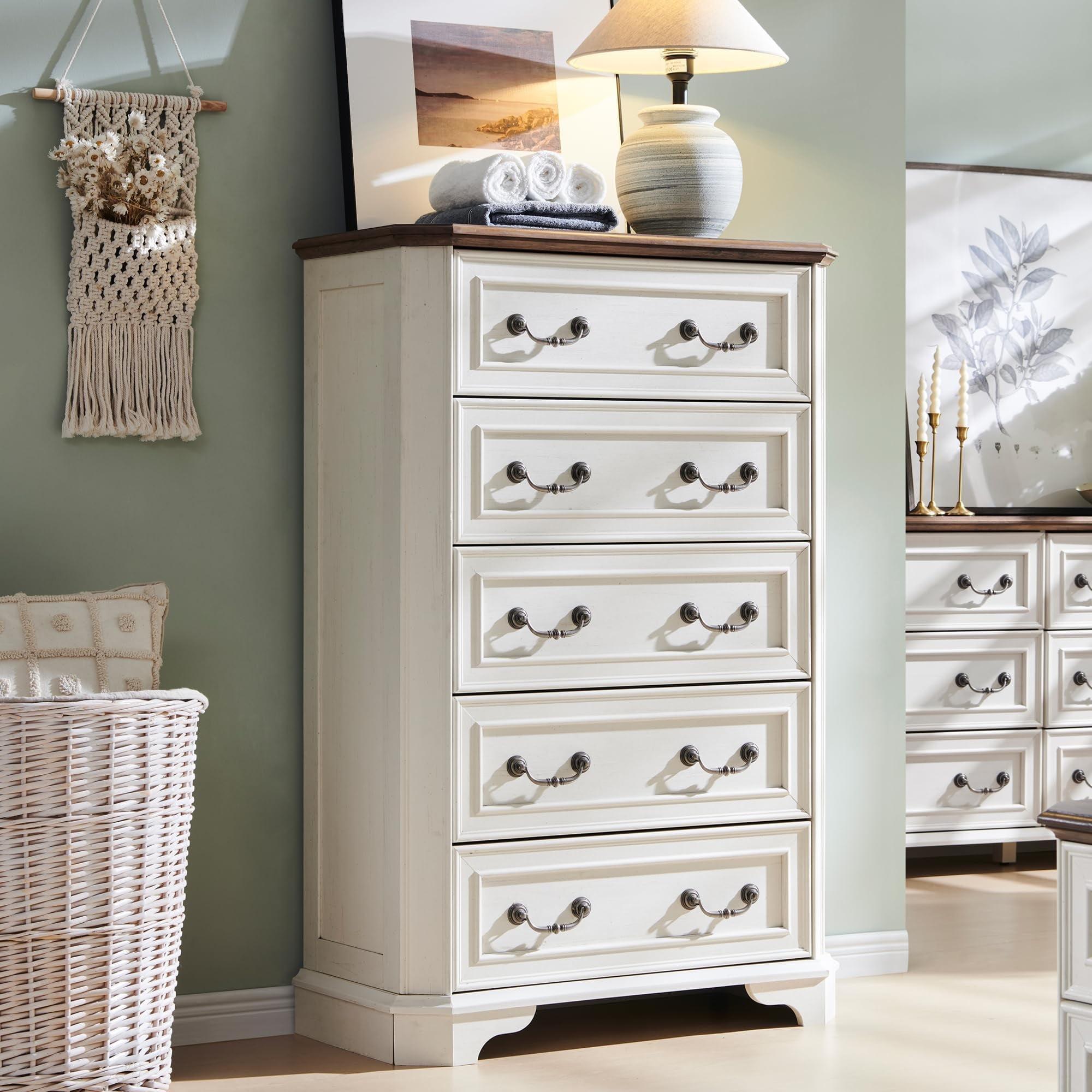 Laurel Foundry Modern Farmhouse® Theron Farmhouse 5 Drawer Bedroom Dresser, Wood Tall Chest of Drawers, Closet Storage for Bedroom