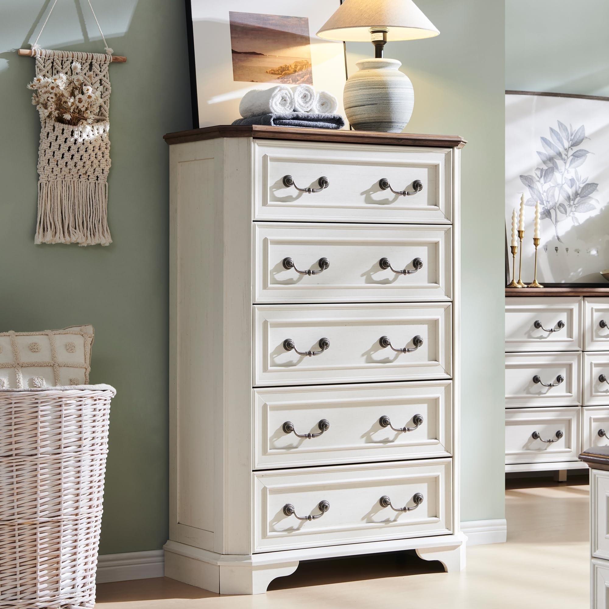Laurel Foundry Modern Farmhouse® Theron Farmhouse 5 Drawer Bedroom Dresser, Wood Tall Chest of Drawers, Closet Storage for Bedroom