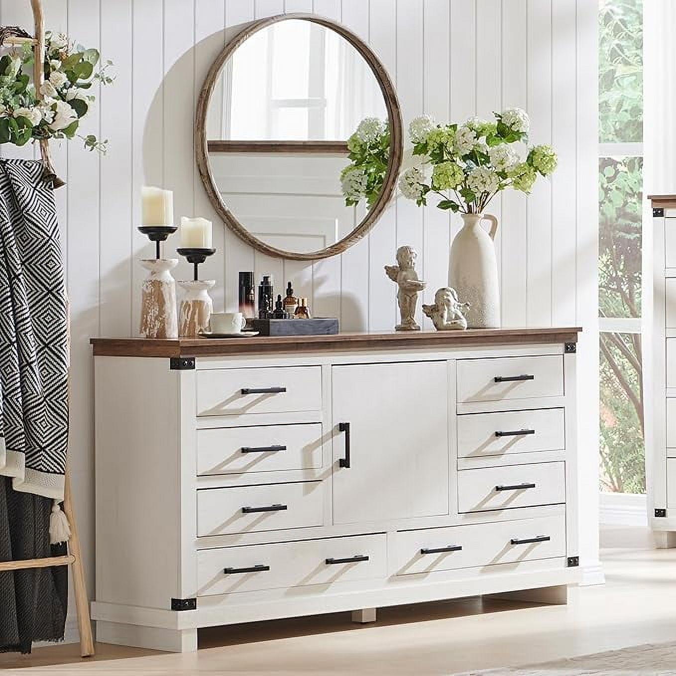 OKD Farmhouse 8 Drawer Dresser for Bedroom with Adjustable Shelf, Wood Long Chest of Drawers with Thick Plank Styling, Rustic Large Closet Dresser for Bedroom, Living Room, Antique White