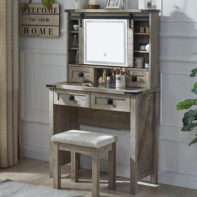 OKD Farmhouse Rustic Makeup Vanity Desk with Sliding Mirror and Lights, Glass Top Vanity Set with Charging Station, 4 Drawers & 1 Cabinet, Includes Stool - Big Vanity for Bedroom, Light Rustic Oak