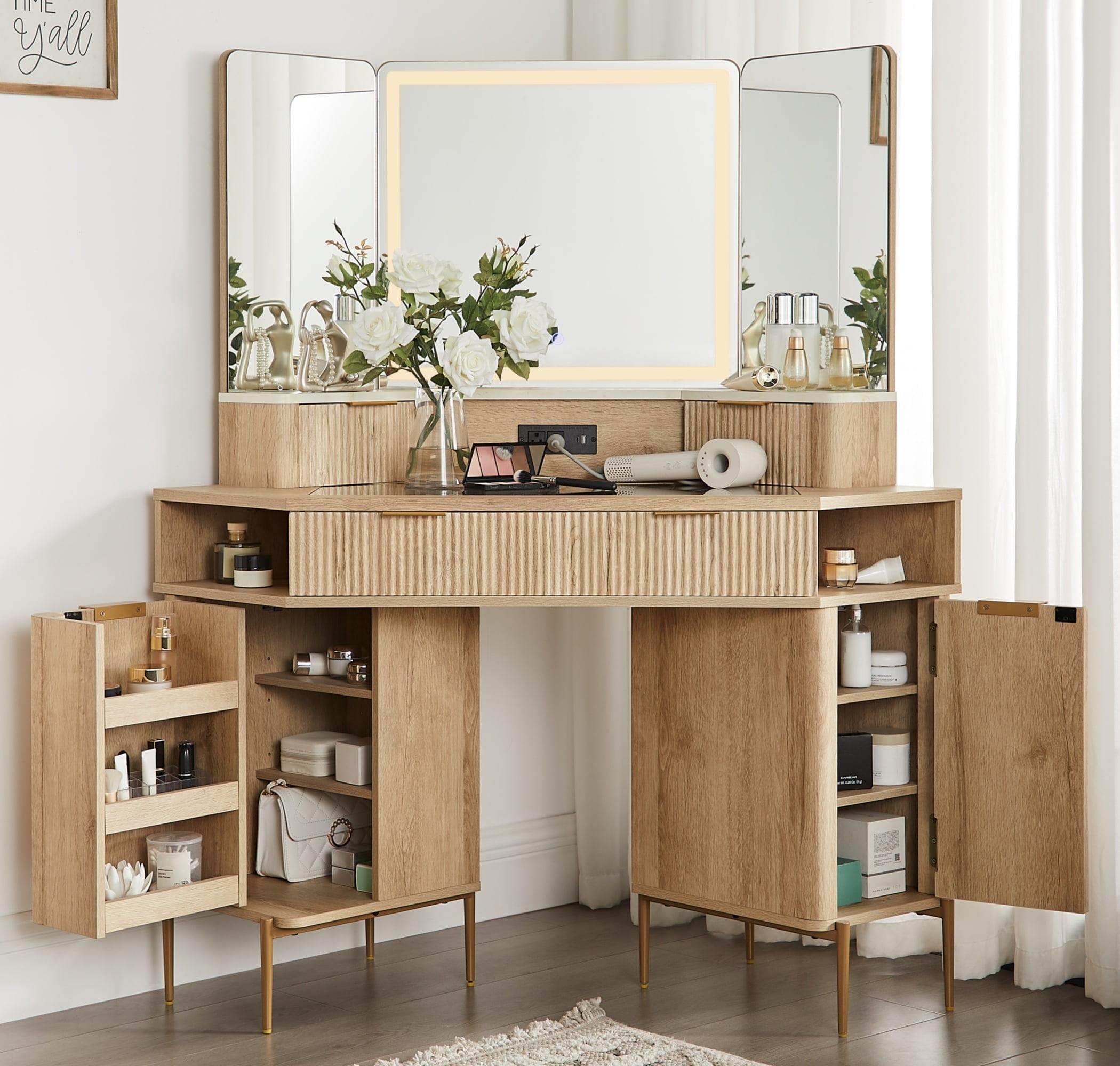 Brayden Studio® Fluted Makeup Vanity Desk with 3 Way Mirror and Lights,48" Large Corner Vanity Table with Glass Top