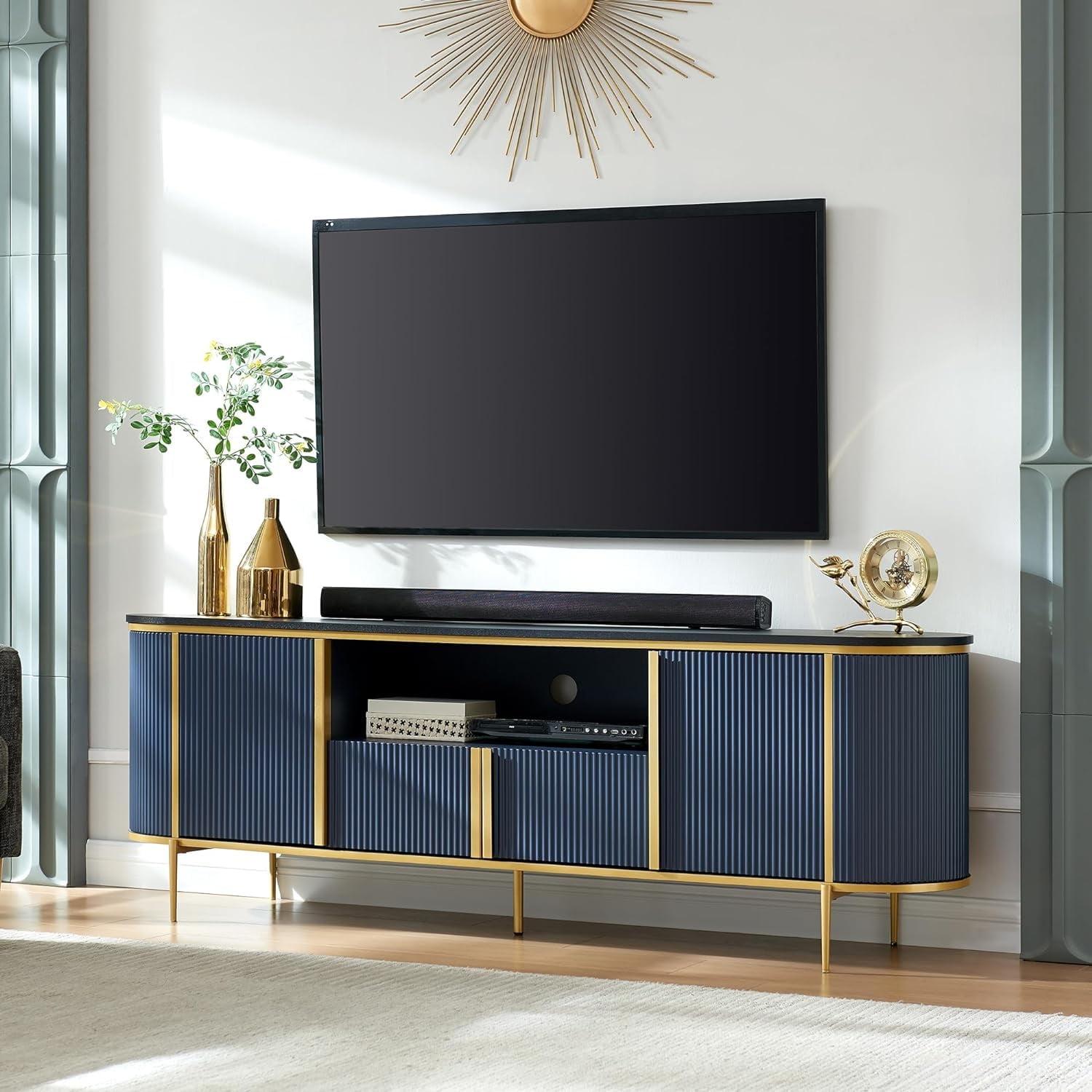 SinCiDo 70" Luxury TV Stand w/Faux Marble Top, Modern TV Console for TVs Up to 80 inches, Navy Blue