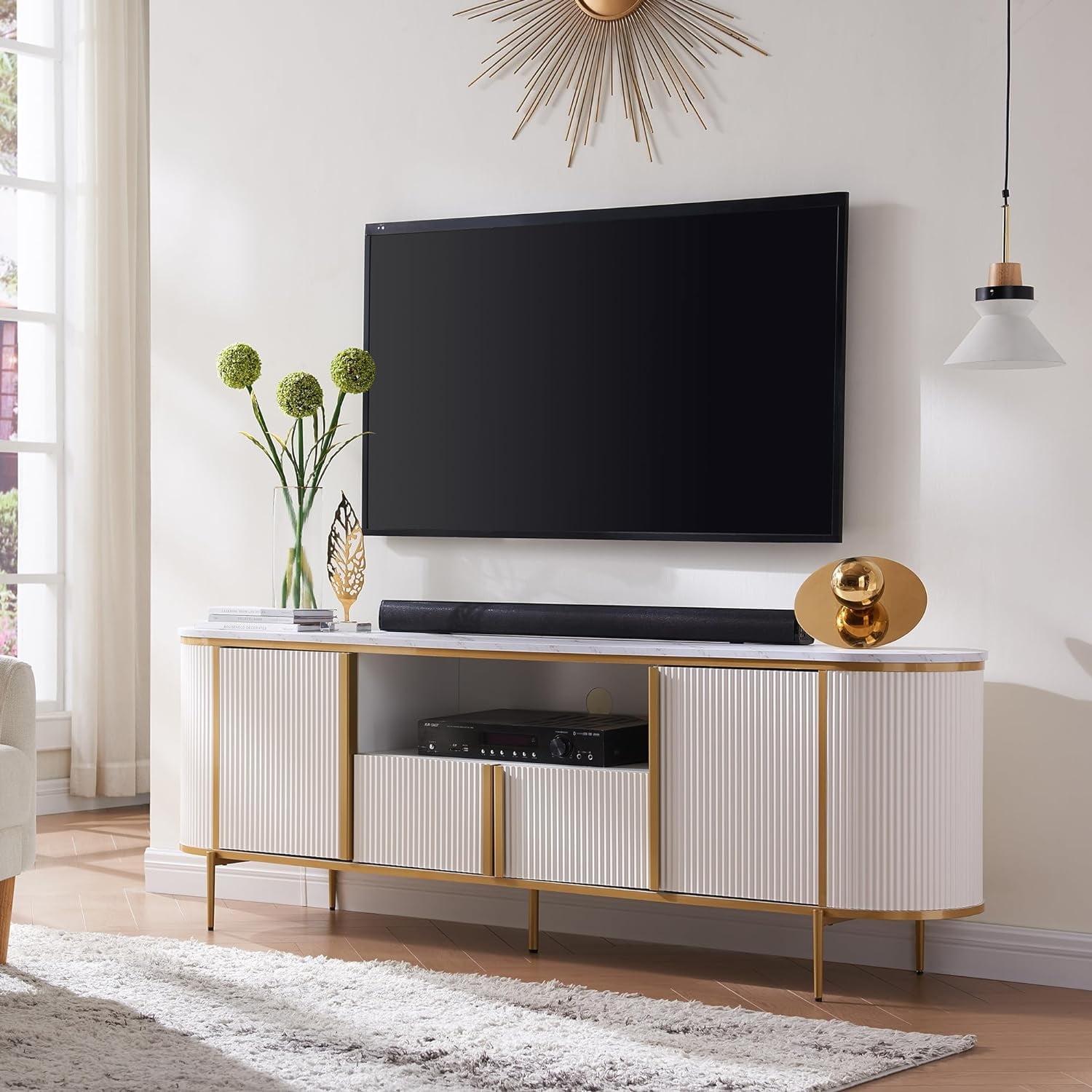 SinCiDo 70" Luxury TV Stand w/Faux Marble Top, Modern TV Console for TVs Up to 80 inches, Off White