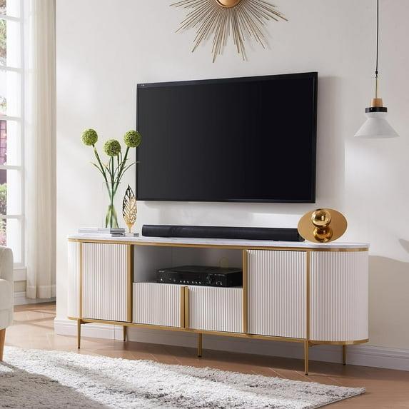 SinCiDo 70" Luxury TV Stand w/Faux Marble Top, Modern TV Console for TVs Up to 80 inches, Off White