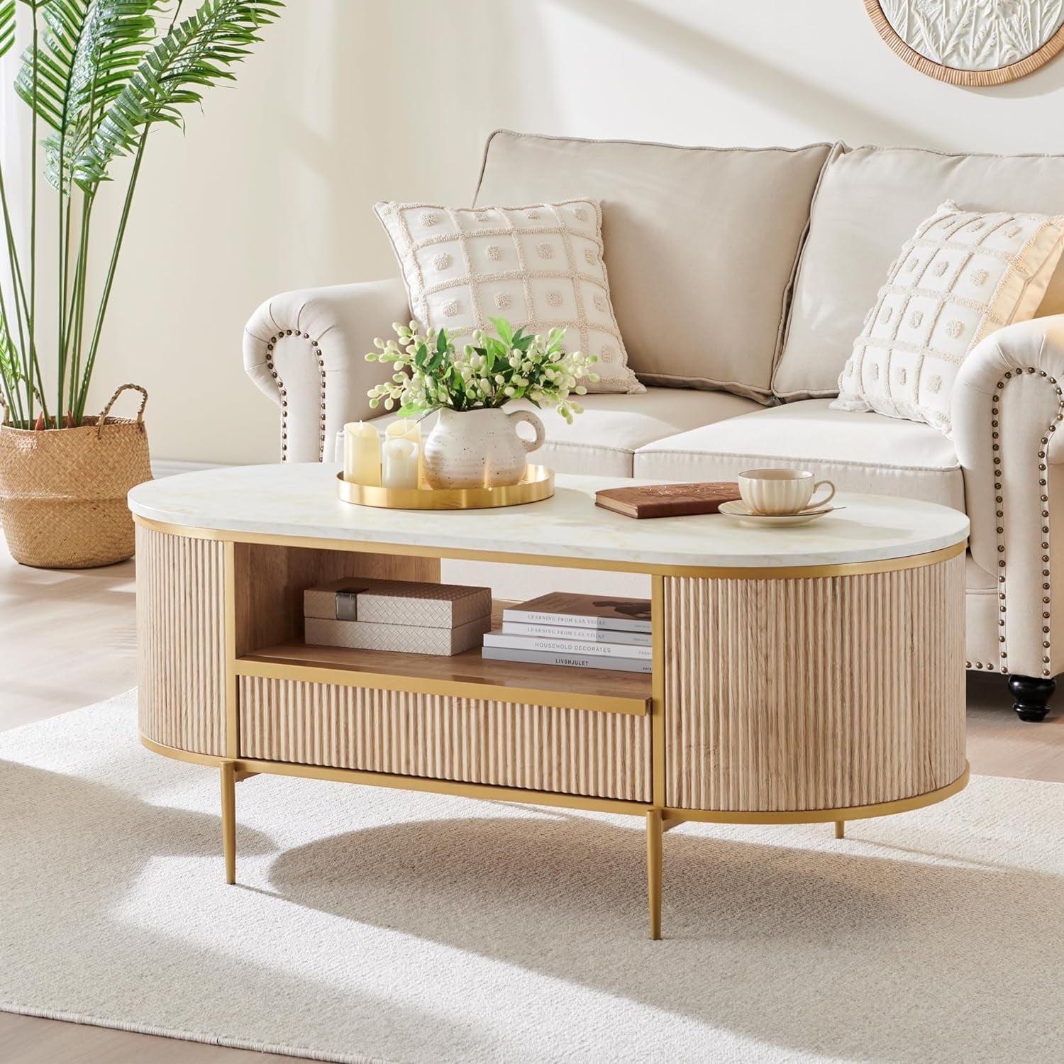 Everly Quinn Modern Fluted Coffee Table, 48" Oval Coffee Table with Drawer,Curved Profile Design,Center Table for Living Room
