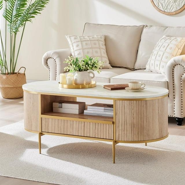 Everly Quinn Modern Fluted Coffee Table, 48" Oval Coffee Table with Drawer,Curved Profile Design,Center Table for Living Room