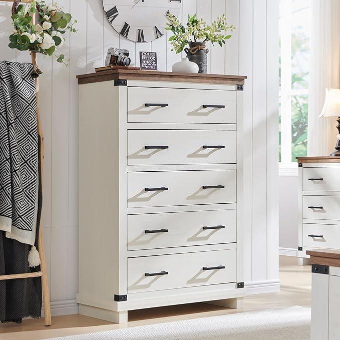 OKD Farmhouse 5 Drawers Dresser for Bedroom, Wood Tall Chest of Drawers with Thick Plank Styling, Rustic Closet Dresser for Bedroom, Living Room, Antique White