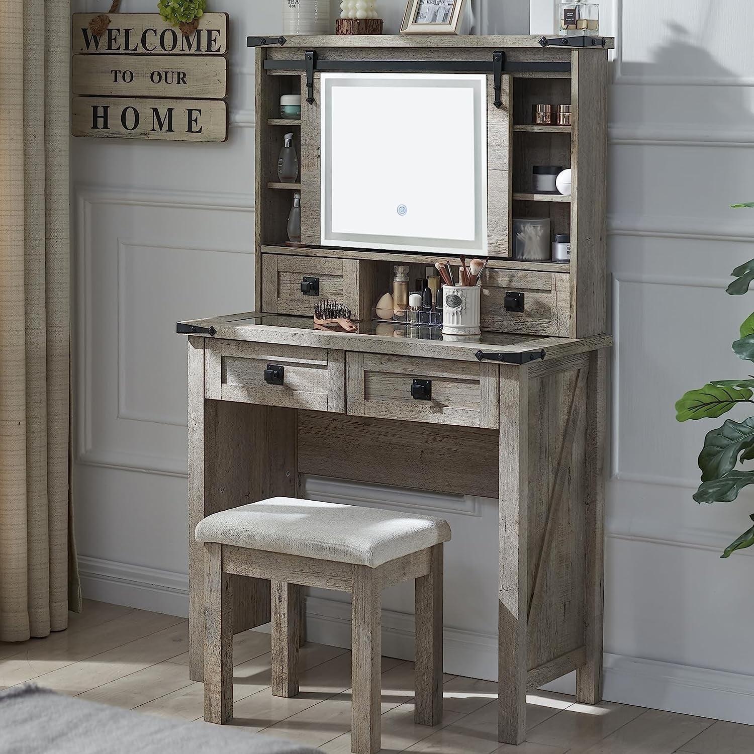 OKD Rustic Vanity Set with Adjustable Lights Sliding Mirror, Farmhouse Wood Vanity Makeup Desk Set with Stool for Bedroom, Light Rustic Oak