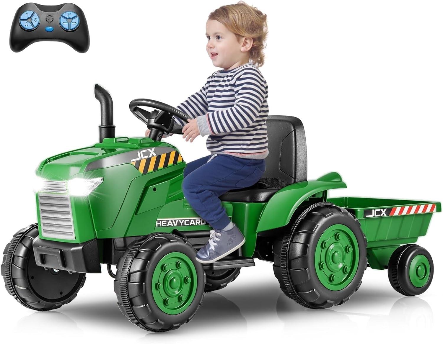 Green 12V Kids Ride-On Tractor with Trailer and Remote Control