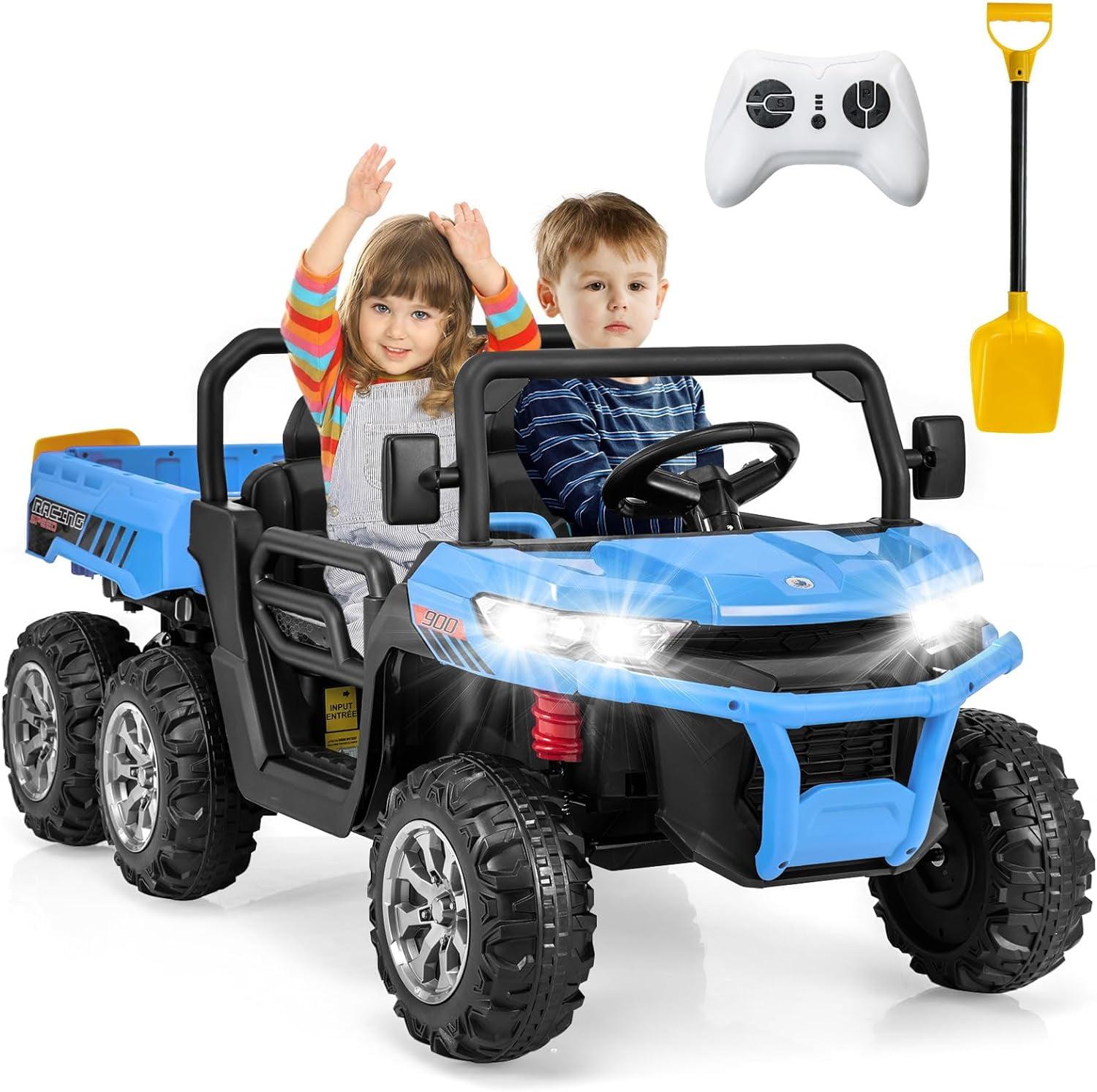 OLAKIDS 24V 2 Seater Ride on Dump Truck, 4WD 6x6 Battery Powered Kids UTV with Remote Control, 4 x 90w Engine, Electric Dump Bed, Spring Suspension, Ride on Toys for Big Kids