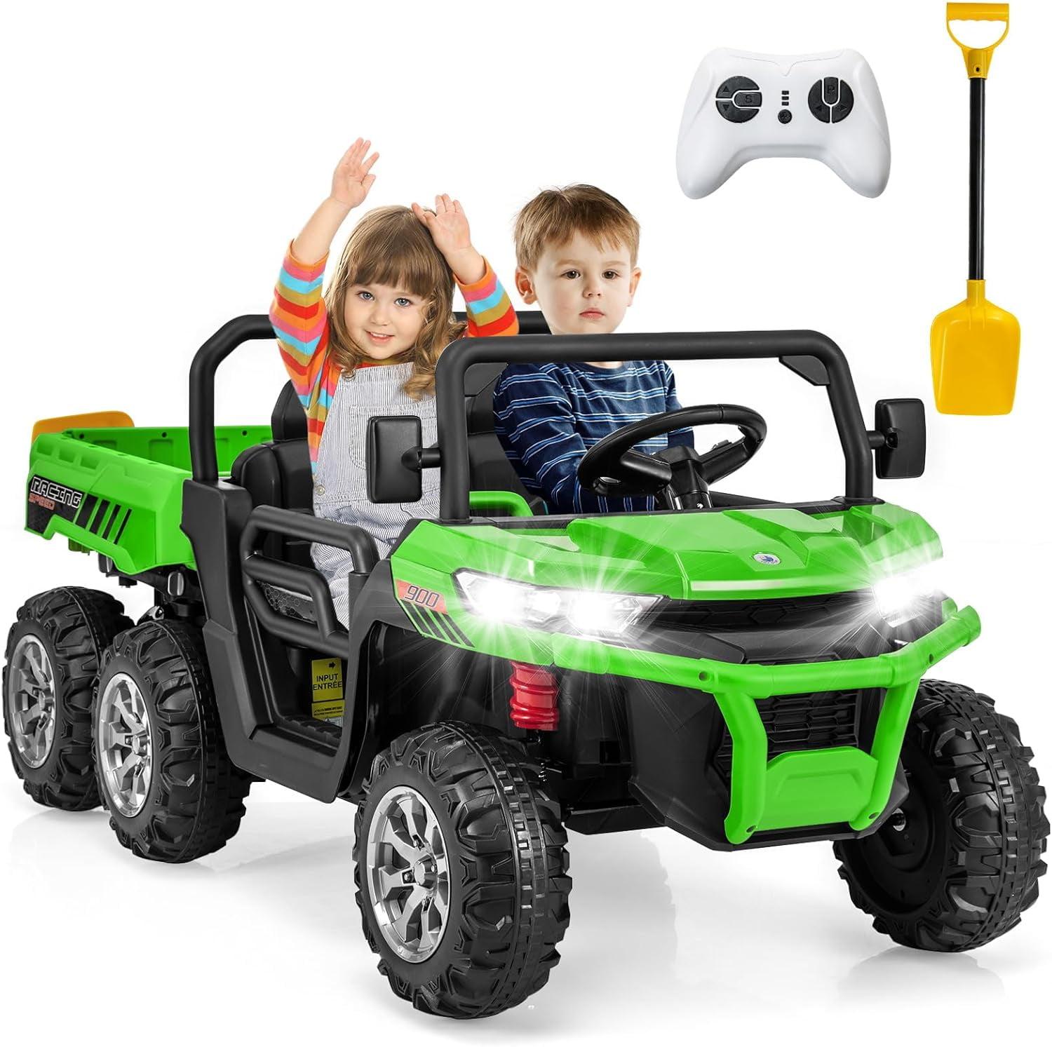 24V Ride on Toys with Remote Control, 2 Seater Electric Powered Ride on Dump Truck , 4WD 6-Wheel UTV Car w/ Tipping Bucket Trailer, Shovel, Suspension, Bluetooth Music, Big Kids, Green