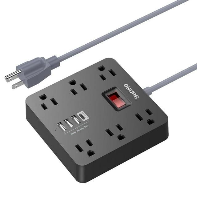 ONDOG 5ft Extension Cord - 6 AC Outlets and 4 USB Charging Ports, Power Strip for Home, Office, Black