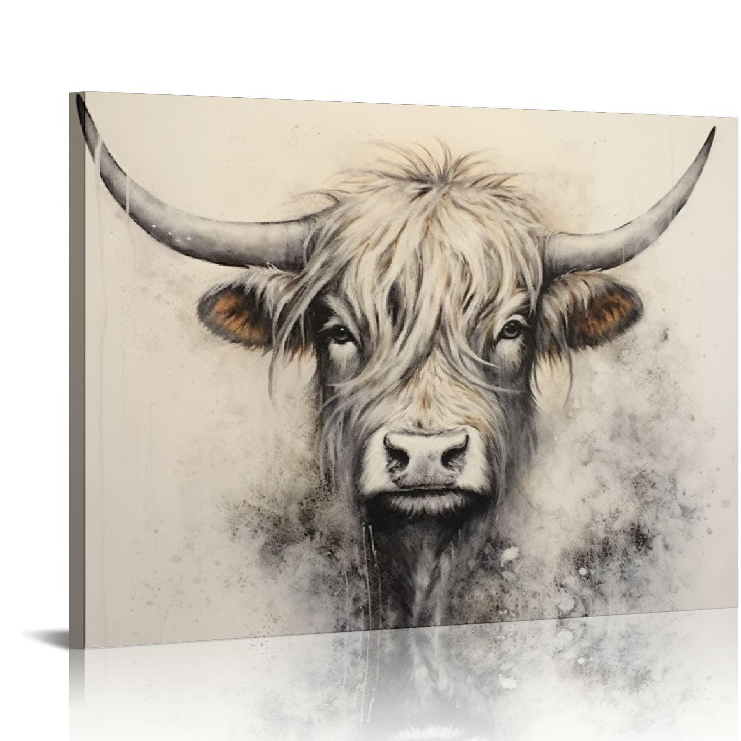 Highland Cow Black and White Canvas Wall Art 16x20