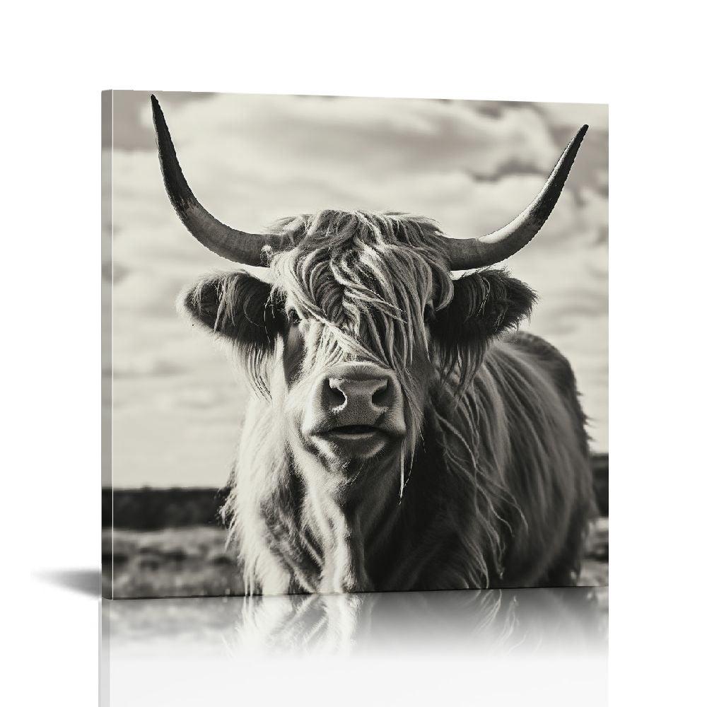 JEUXUS Highland Cow Wall Art, Cow Pictures Wall Decor, Rustic Black and White Funny Highland Cow Wall Art Canvas Poster, 20x16in Framed Ready to Hang, Farmhouse Longhorn Canvas Wall Art Decor