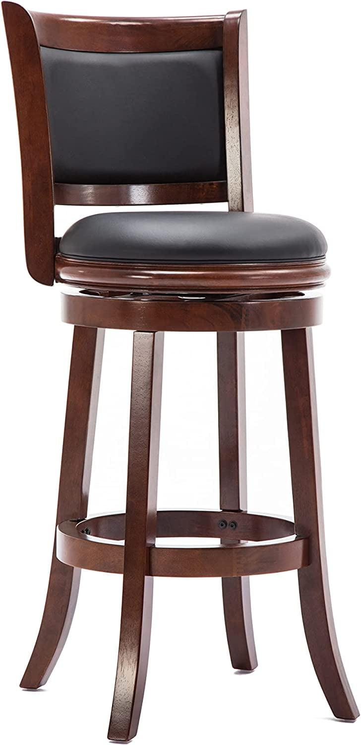 Elegant Cherry Wood and Black Leather 29" Swivel Barstool