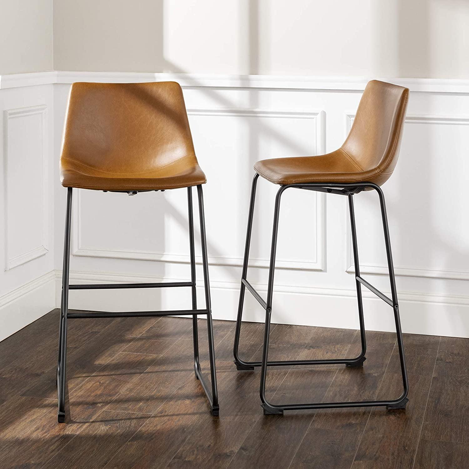 ONKER  Douglas Urban Industrial Faux Leather Armless Lounge Kitchen Bar Chairs, Set of 2, Whiskey Brown