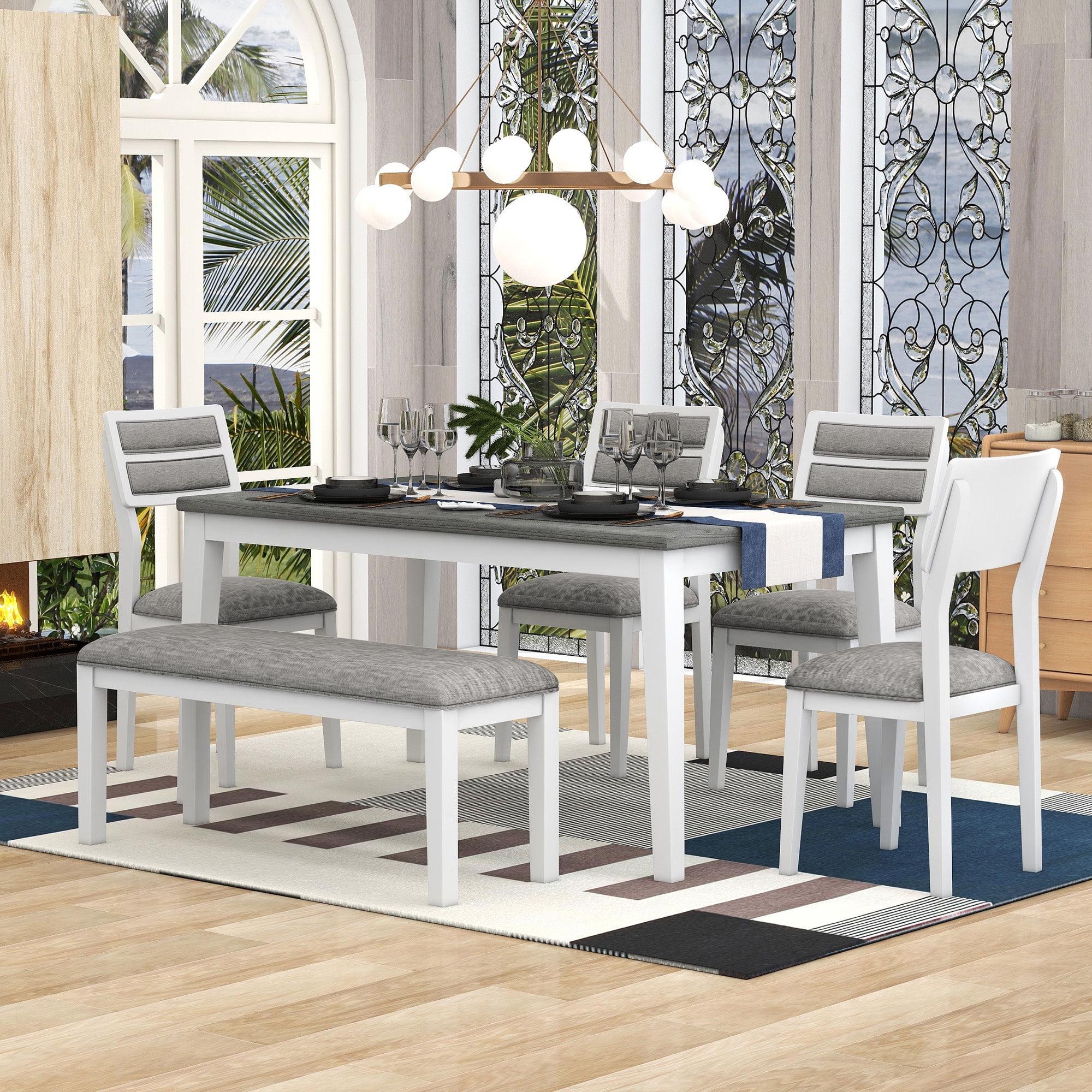 Traditional Rectangular Dining Table Bench and Chairs, 6-Piece Kitchen Dining Room Table Set with Padded Seat & Backrest, Standard Height (White Gray)