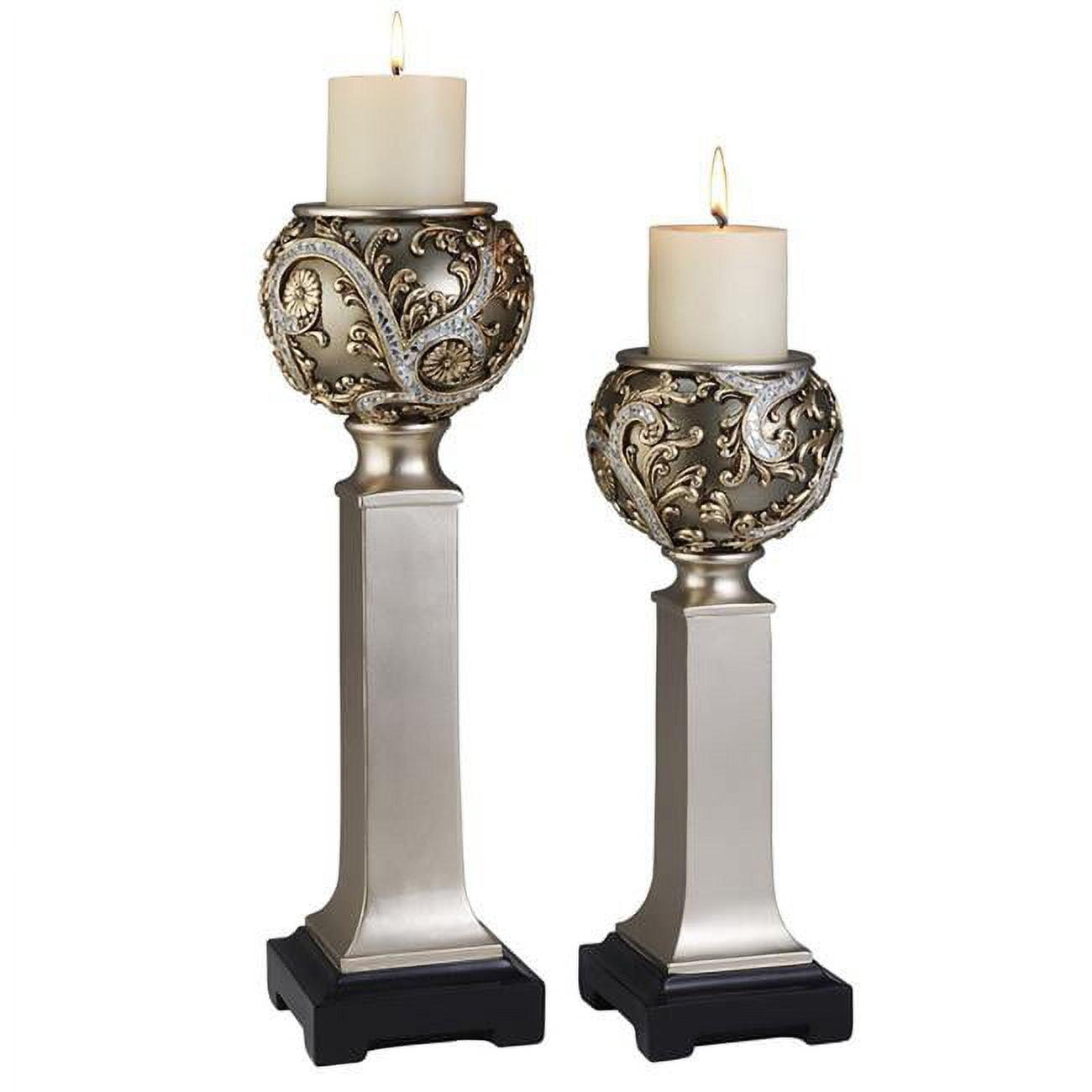 Elegant Silver Vine-Inspired Polyresin Candlestick Set with Vanilla Candles