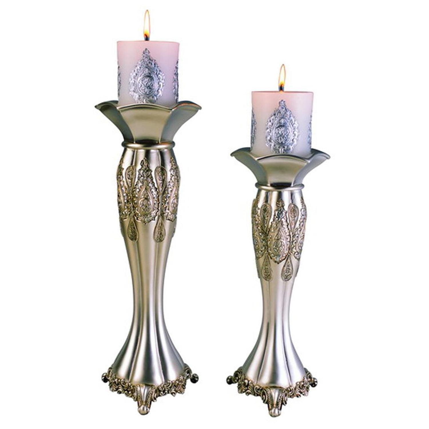 Elegant Silver Paisley Polyresin Tabletop Candleholder Set