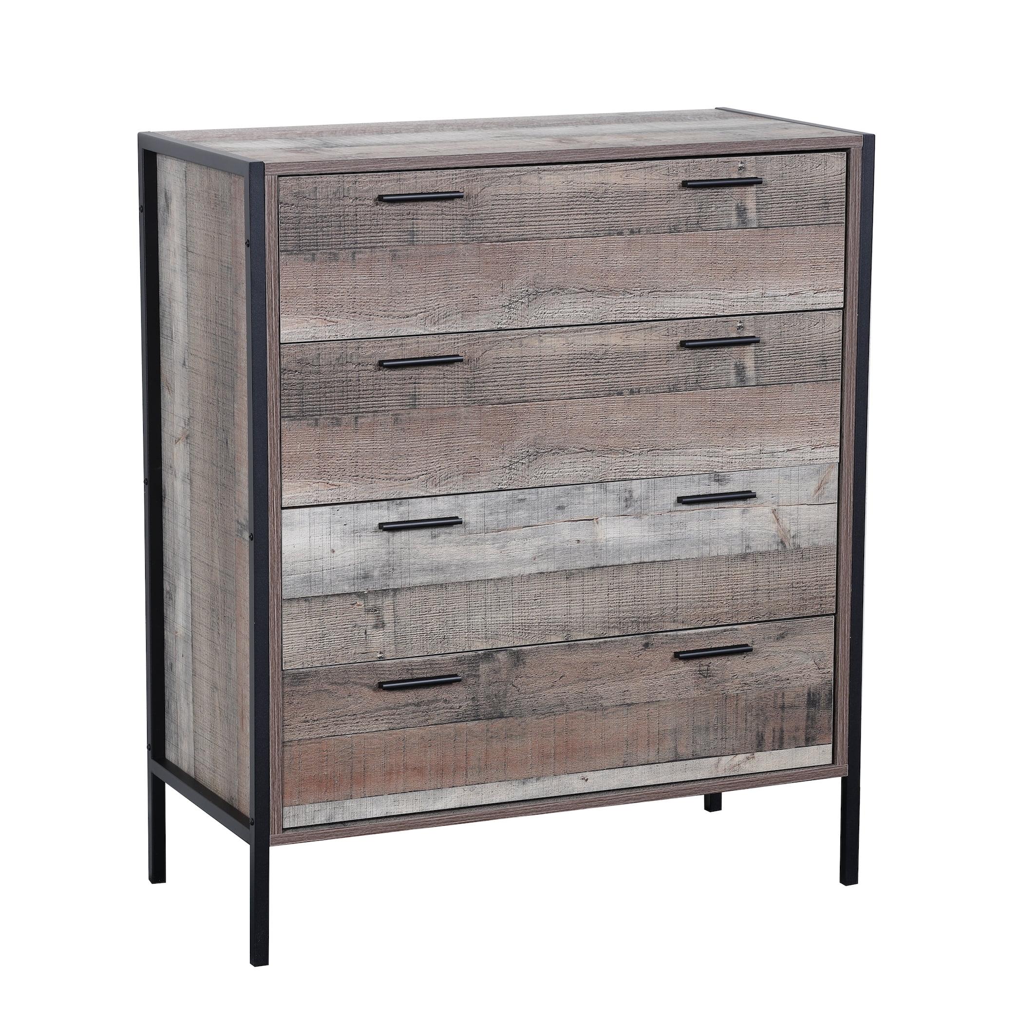 Rustic Reclaimed Barnwood Laminate 4-Drawer Chest with Black Steel Base