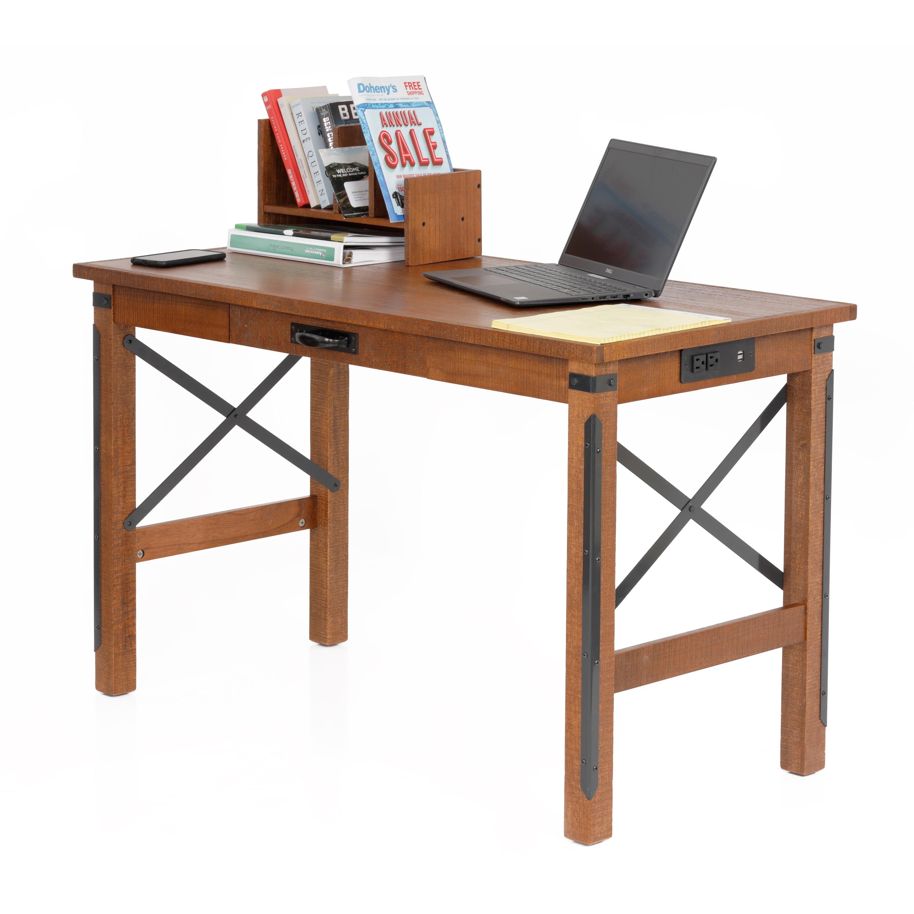 Brown Wood Industrial Desk with Hutch and USB Ports