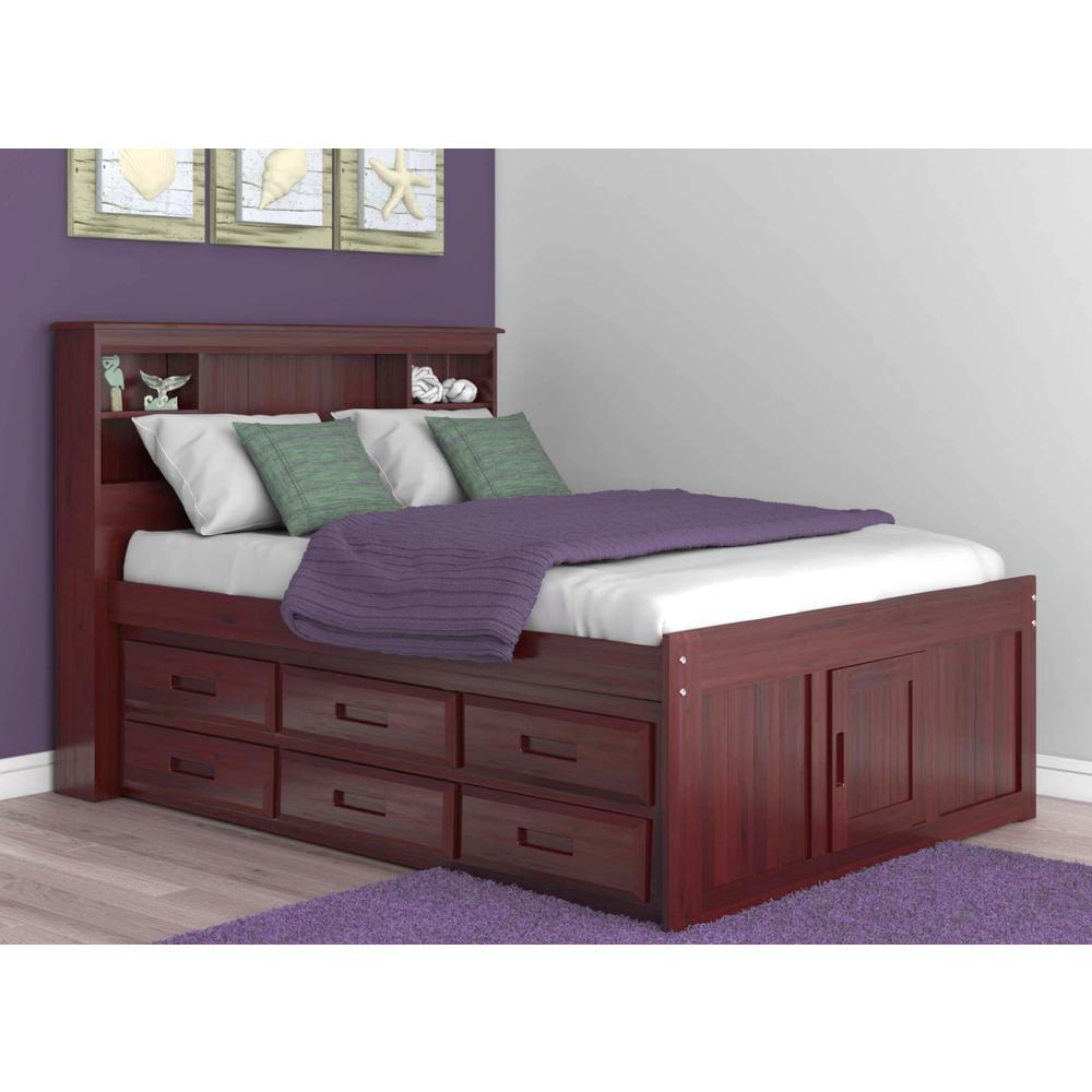 Rich Merlot Solid Pine Full Captain's Bookcase Bed with Storage Drawers